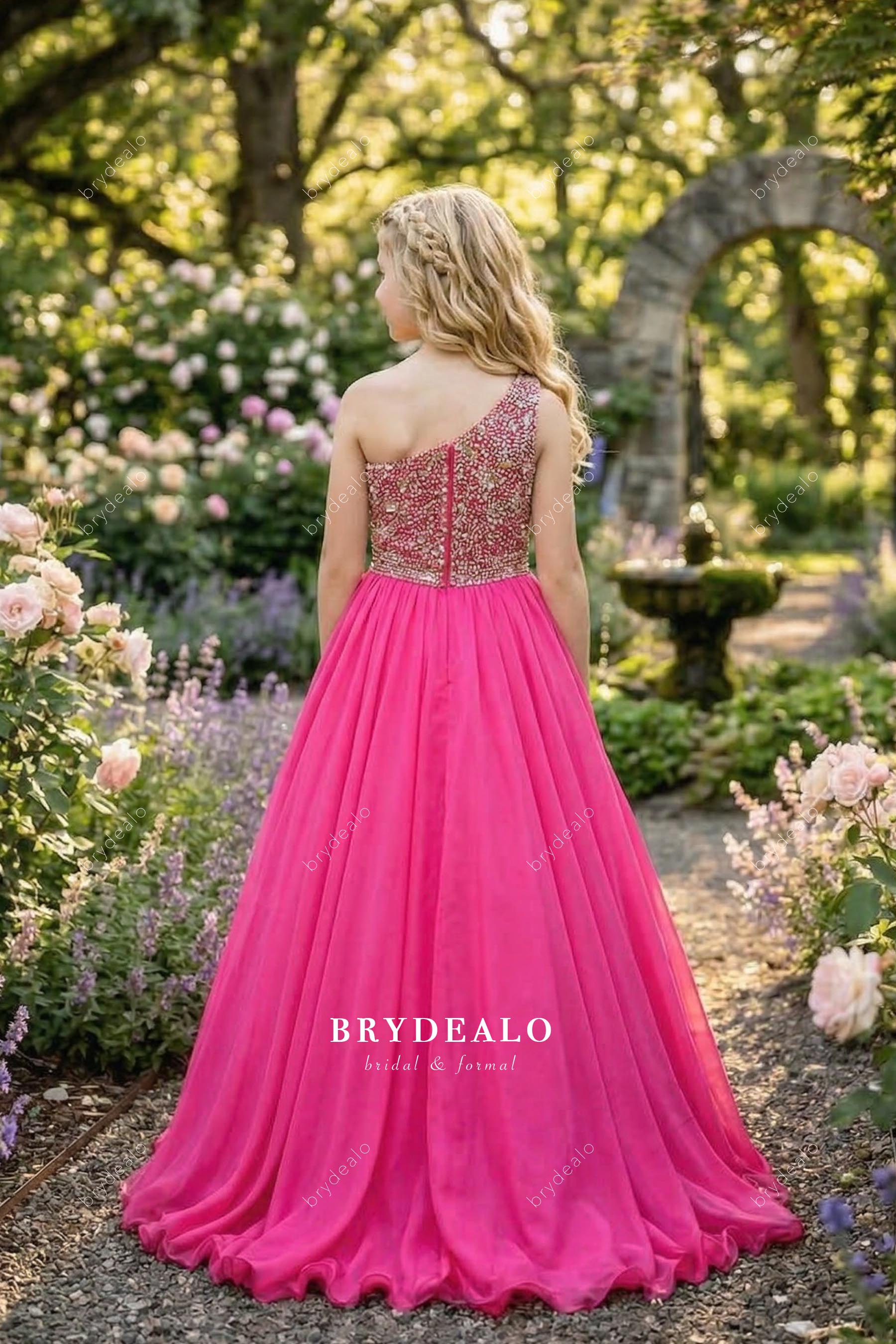 rhinestones fuchsia a line sweep train pageant dress