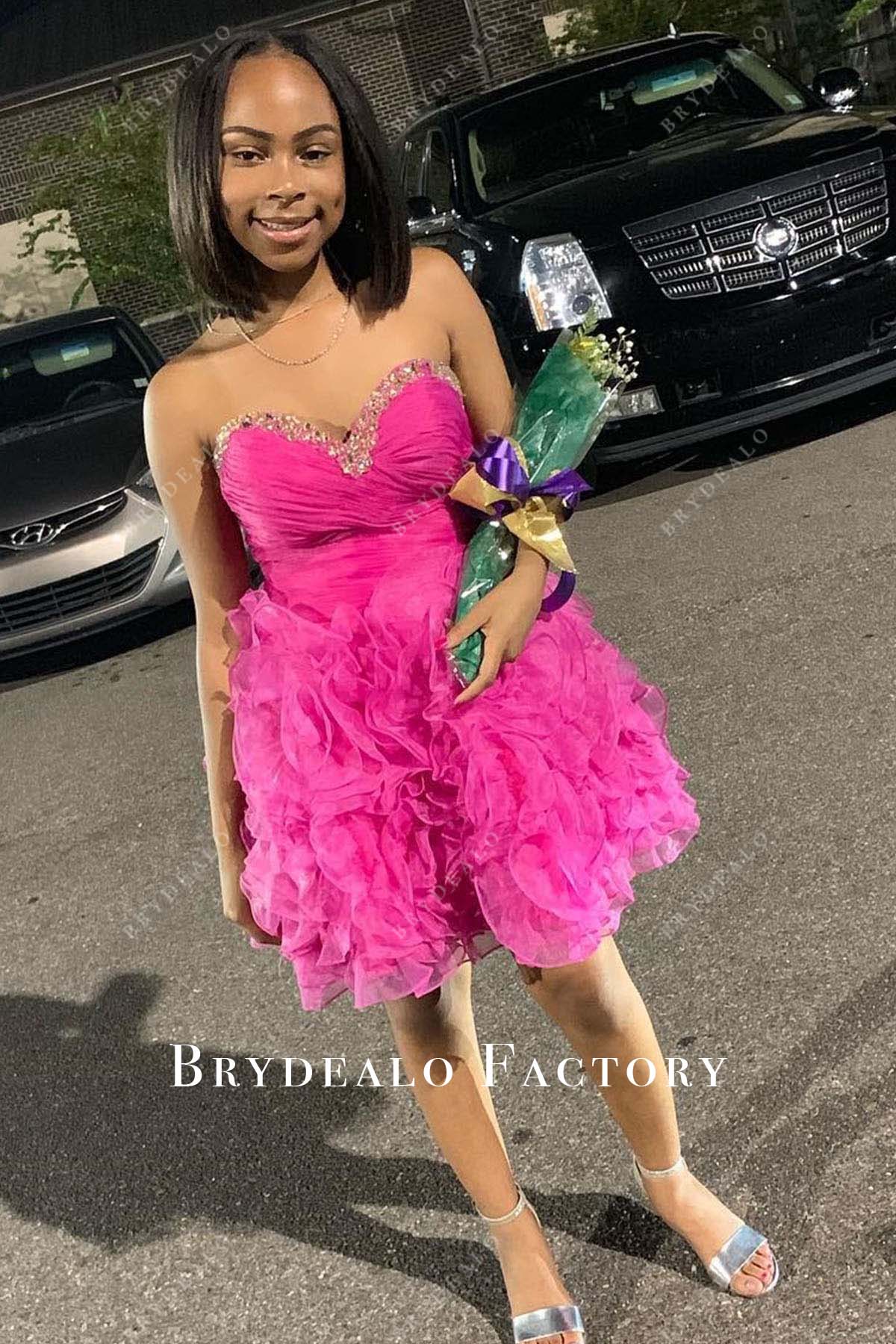 fuchsia homecoming dress A Line Strapless Long Sleeves Sparkly Short Prom Dress QH2492 US16 / Custom Color Package Contents Fuchsia Homecoming Dress Puff Sleeves
