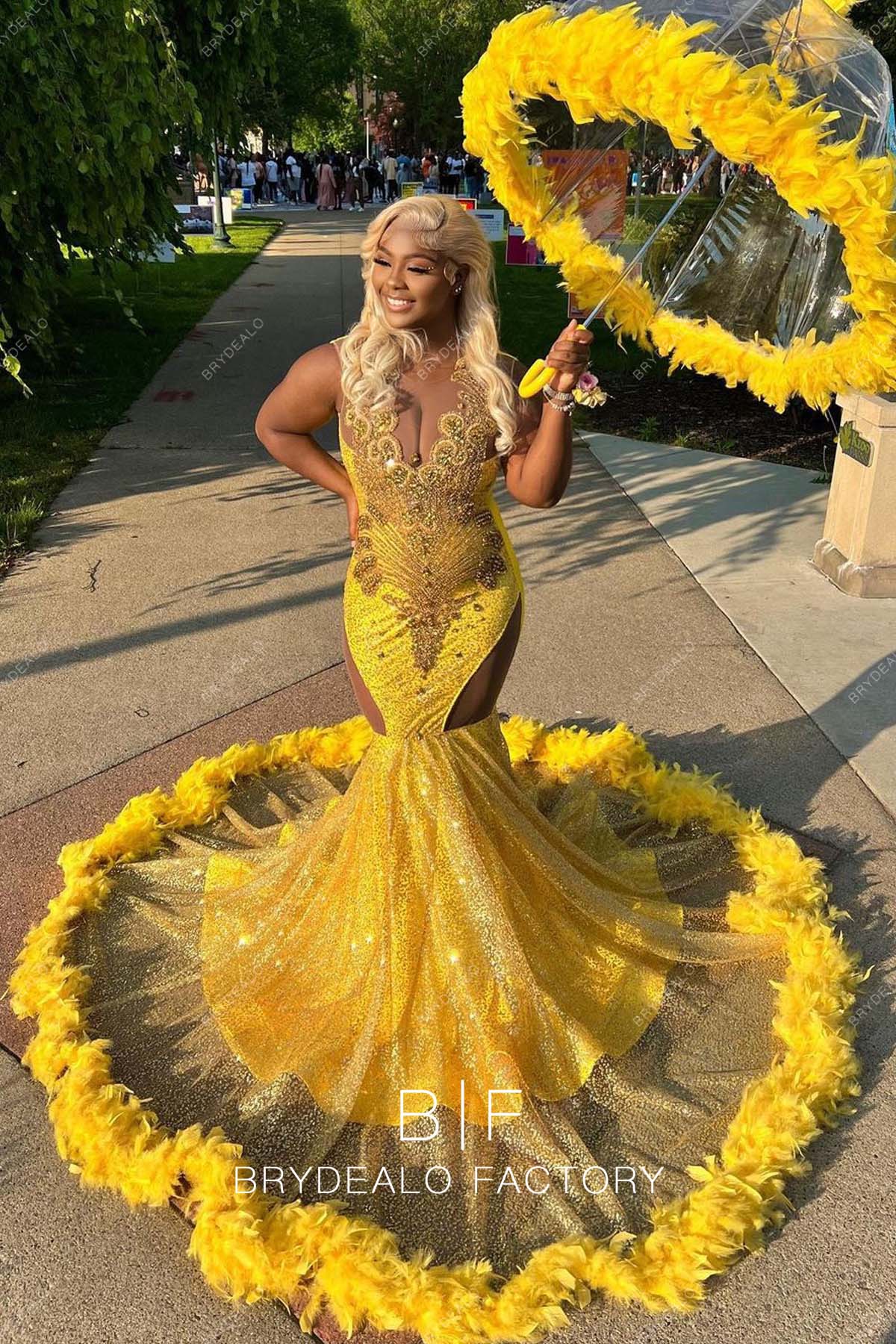 Gold Rhinestones Glitter Yellow Feather Long Train Trumpet Prom Dress
