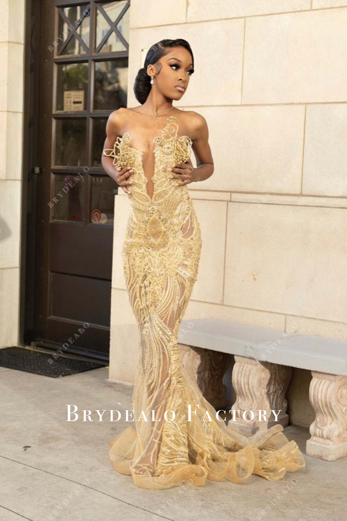 fitted lace wedding dress Gold Sequin Mermaid Formal Evening Gown Deep V Neck High Slit Prom Dre –  DSProm main image 1
