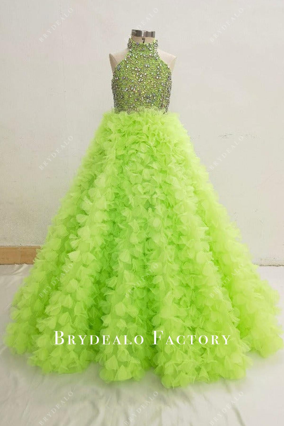 Rhinestones Halter Green Ruffled A-Line Pageant Dress