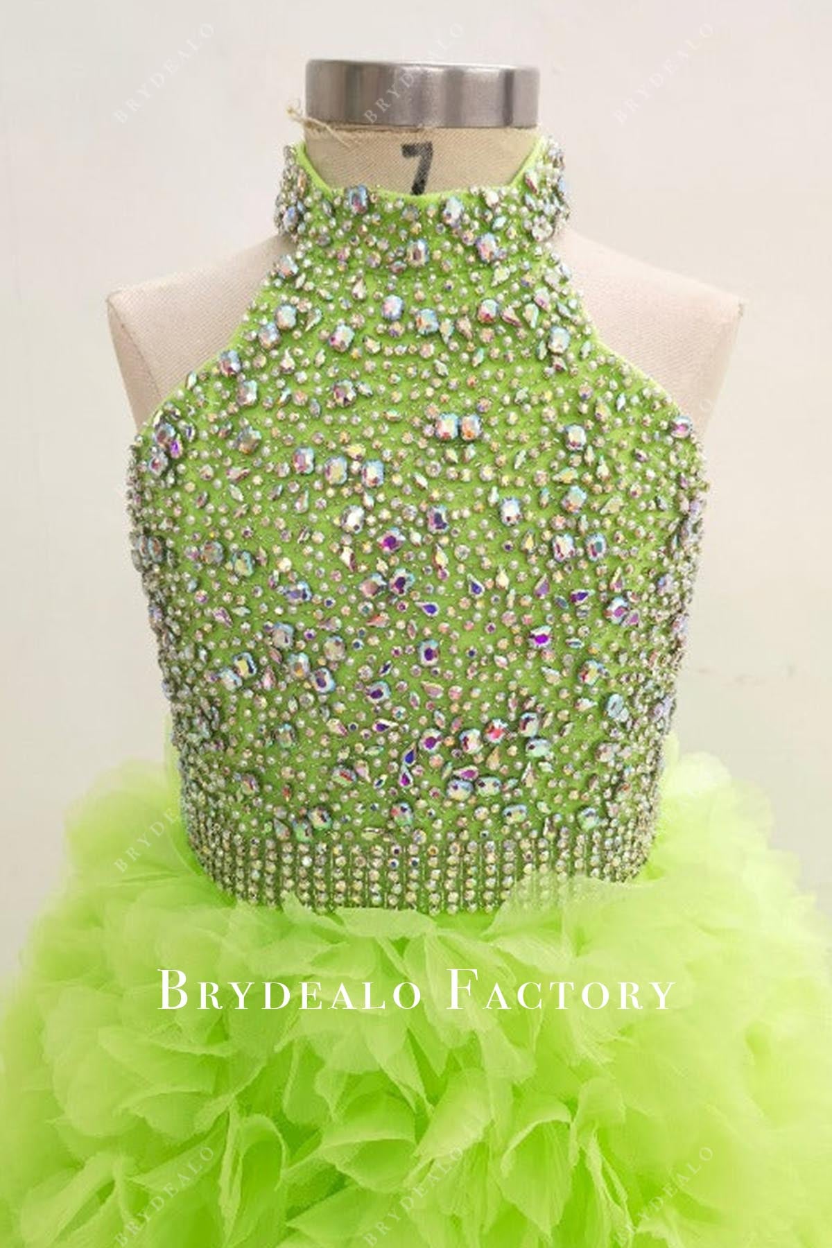 rhinestones green halter pageant dress