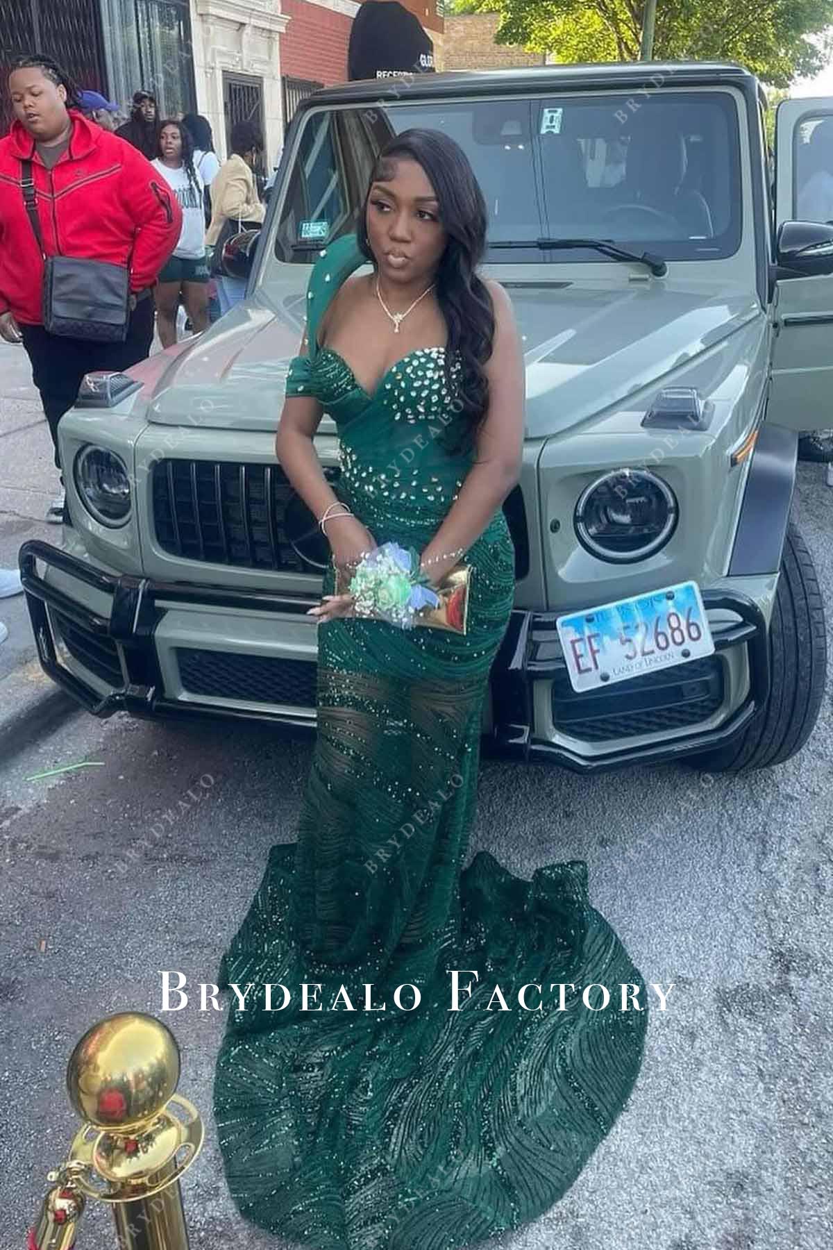 rhinestones green illusion neck prom dress