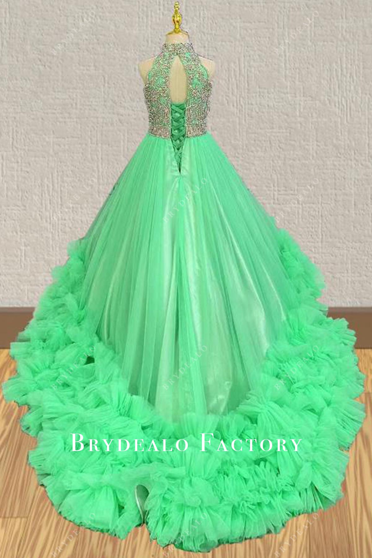 rhinestones green lace up back pageant dress