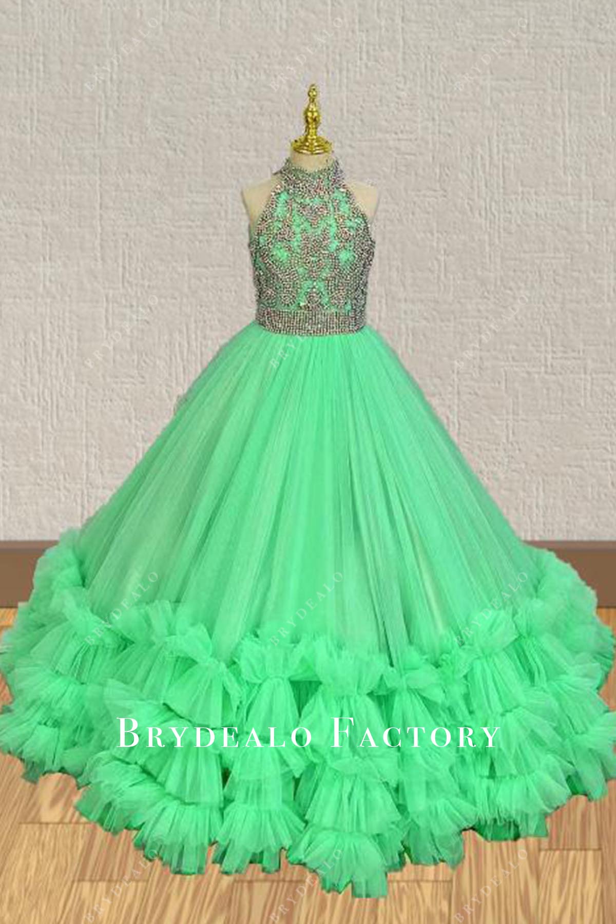 slim fit dress slacks Rhinestones Green Halter Layered Ruffled A-Line Pageant Dress