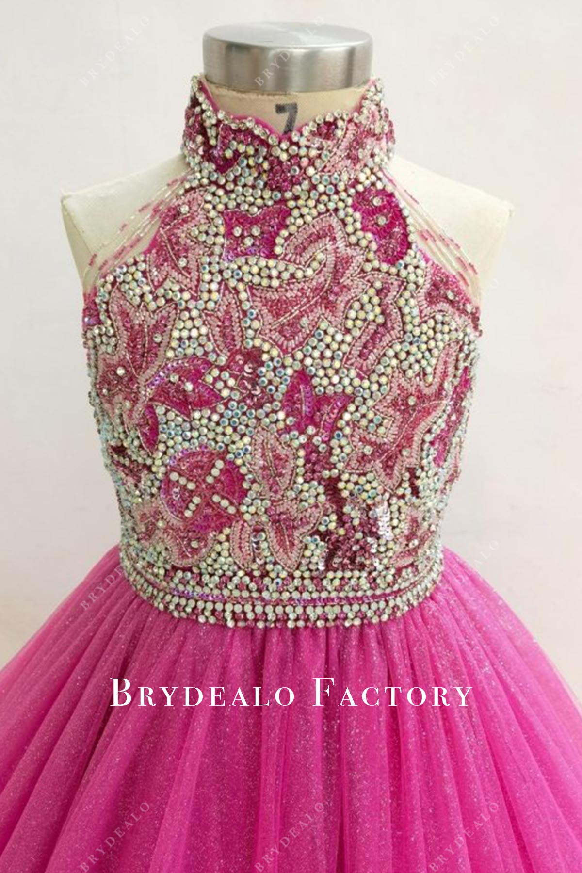 rhinestones halter fuchsia pageant dress