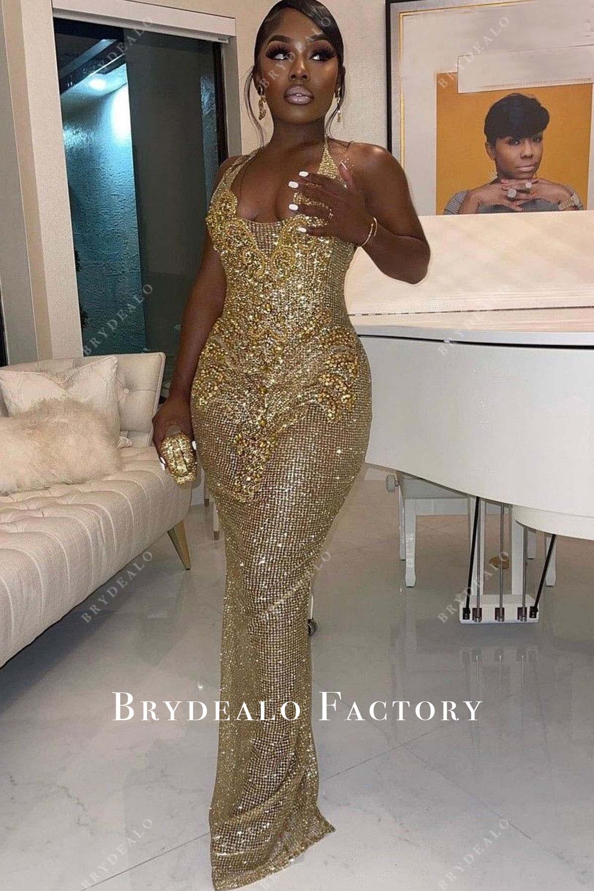Gold Rhinestones Sequined Halter Floor Length Prom Dress, With Full Gold Lining Gold Rhinestones Sequined Halter Floor Length Prom Dress, With Full Gold Lining