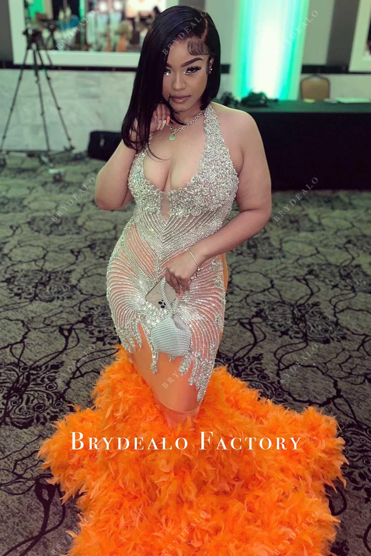 Rhinestones Sleeveless Halter Orange Trumpet Prom Dress