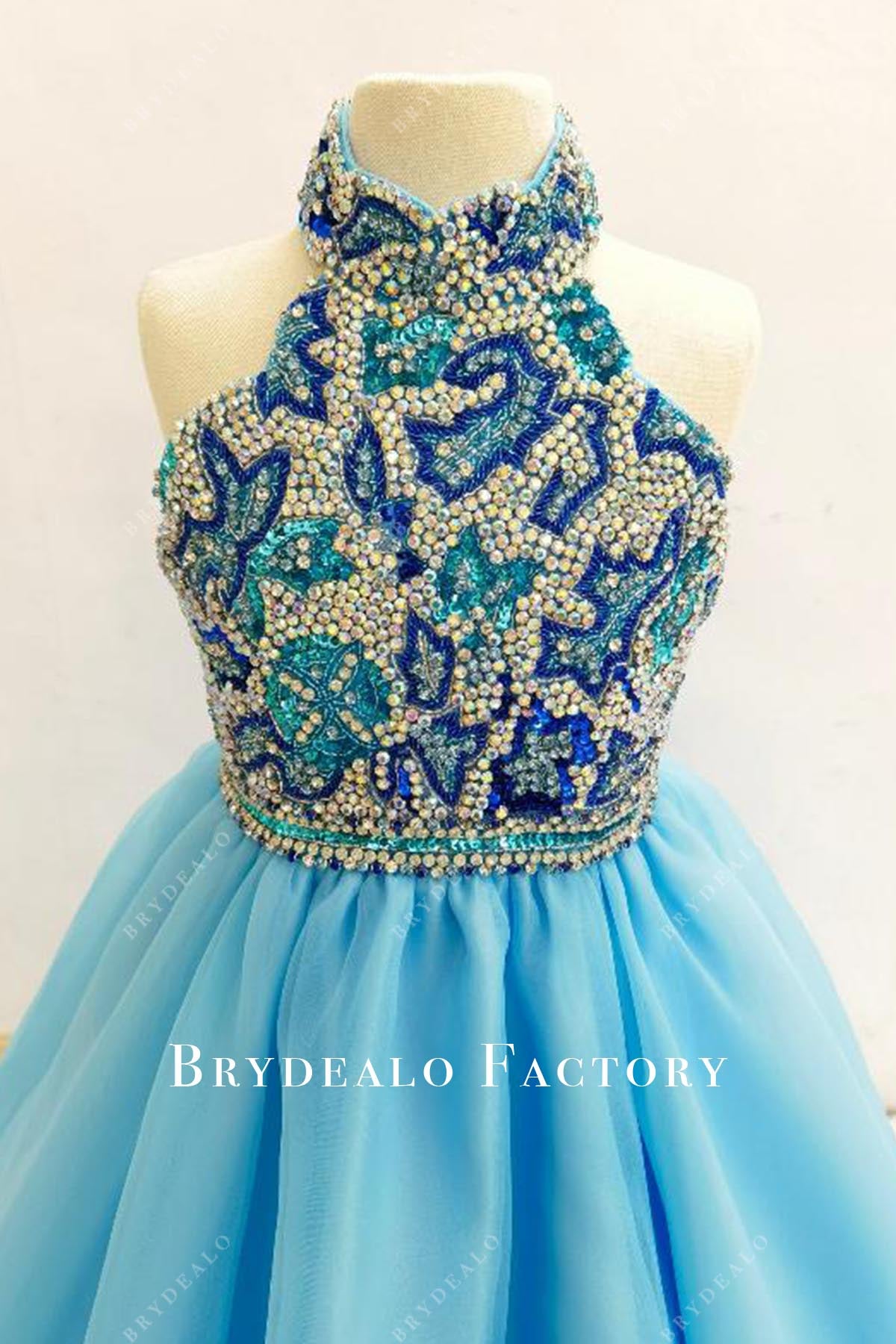 Crystals Halter High Neck Blue A-Line Kids Pageant Dress