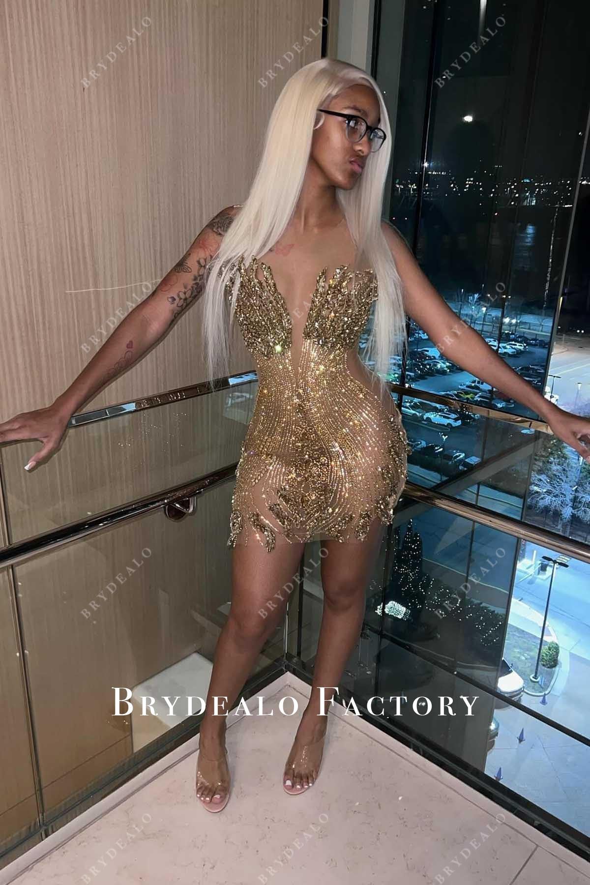 Prom Dress | Gold Glitter Sleeveless Illusion Neck Mini Formal Gown Prom Dress | Gold Glitter Sleeveless Illusion Neck Mini Formal Gown