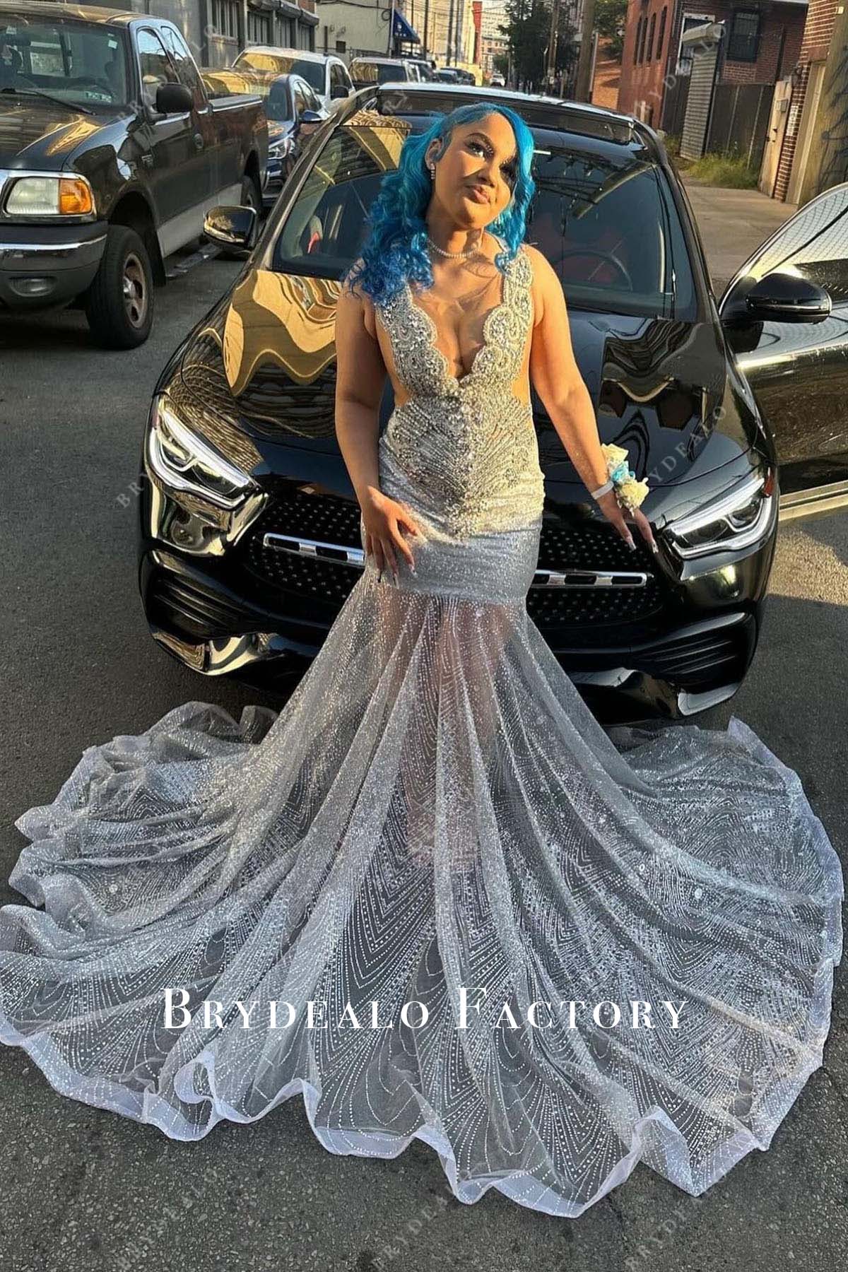 Prom Dress | Sleeveless Rhinestones Bodice Sheer Trumpet Formal Gown