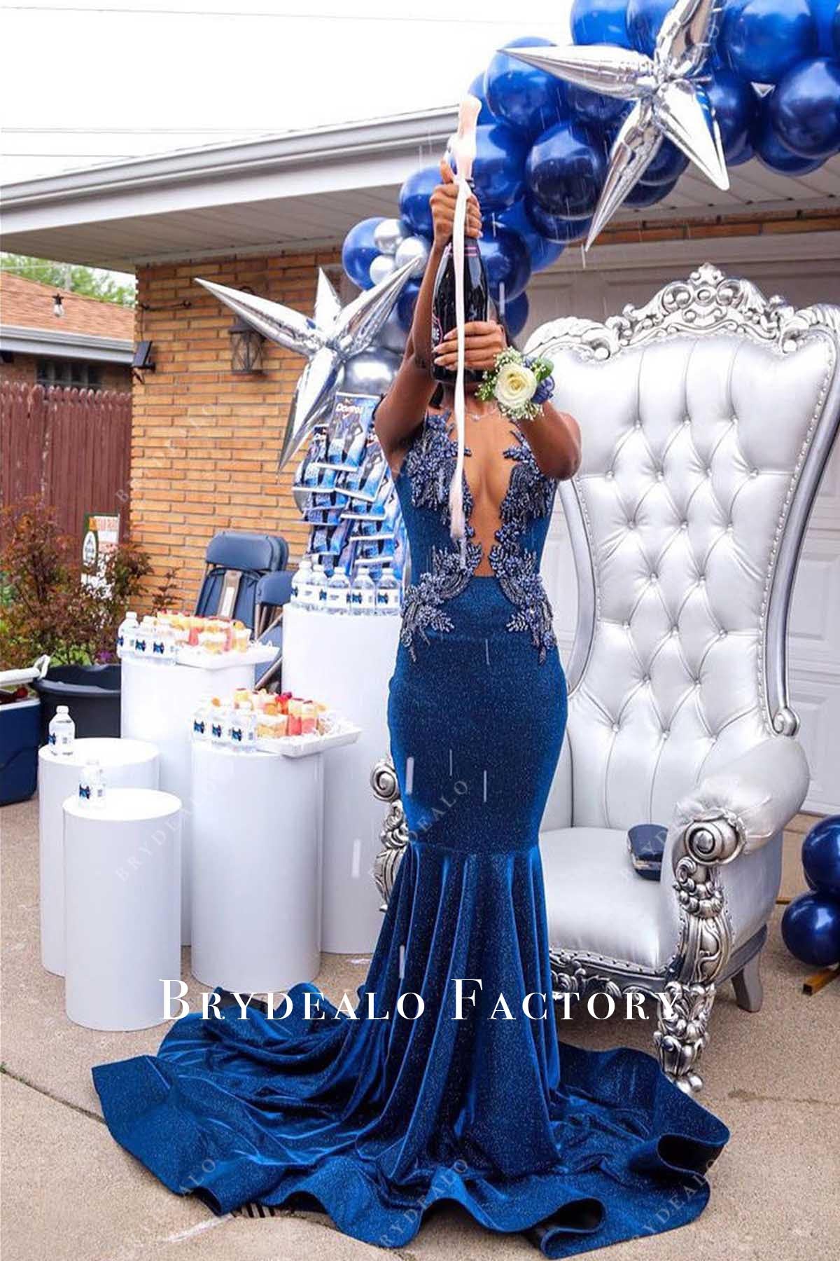 rhinestones ink blue sleeveless trumpet prom dress