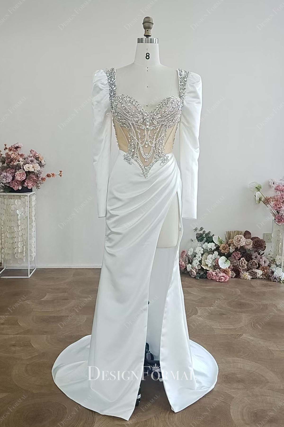 rhinestones long sleeve split mermaid wedding dress