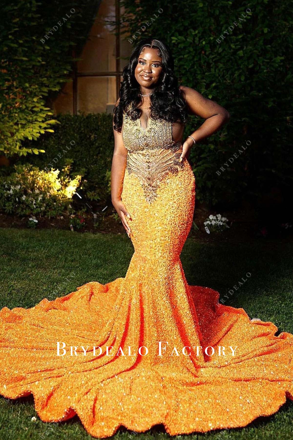 Prom Dress | Rhinestones Illusion Neck Marigold Sequined Trumpet Formal Gown