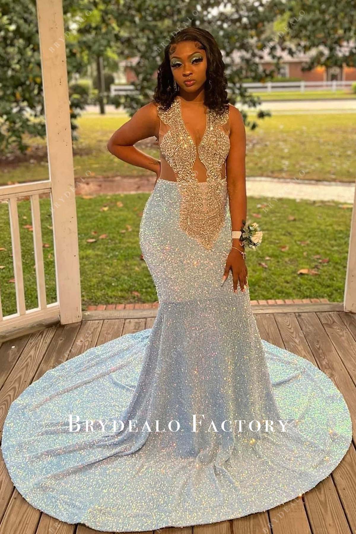 Iridescent Sequin Rhinestones Plunging Neck Sexy Mermaid Prom Dress