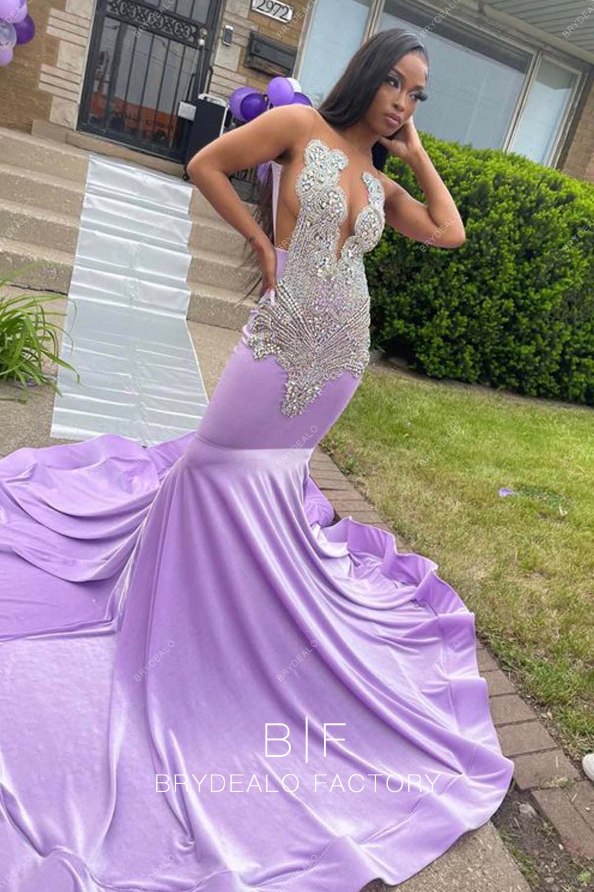 sparkly rhinestones mermaid purple prom dress