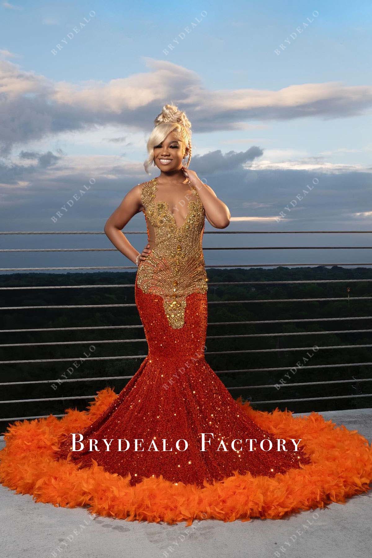 Gold Rhinestones Orange Sequin Feather Trumpet Prom Dress Gold Rhinestones Orange Sequin Feather Trumpet Prom Dress