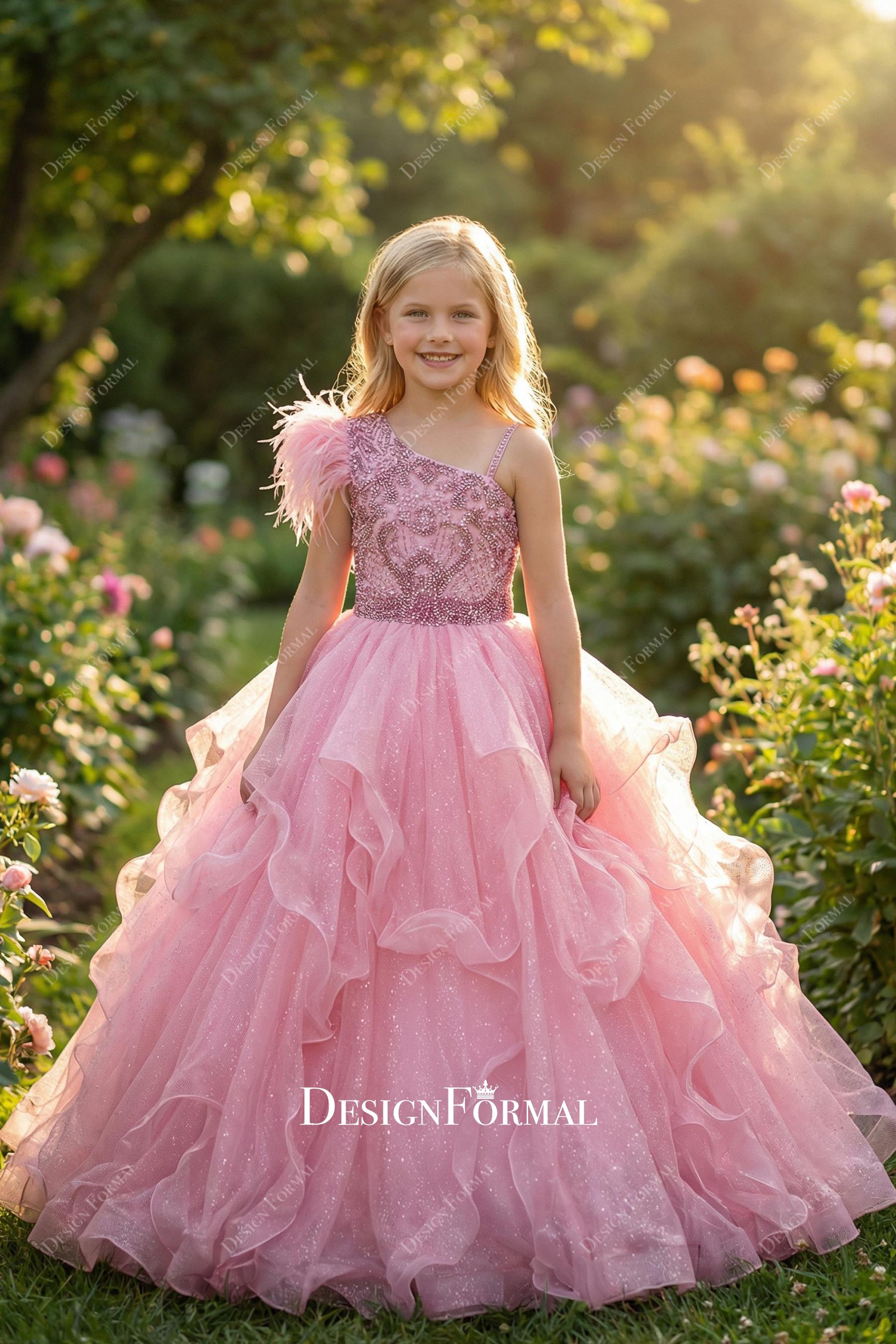 rhinestones peach feathered pageant dress