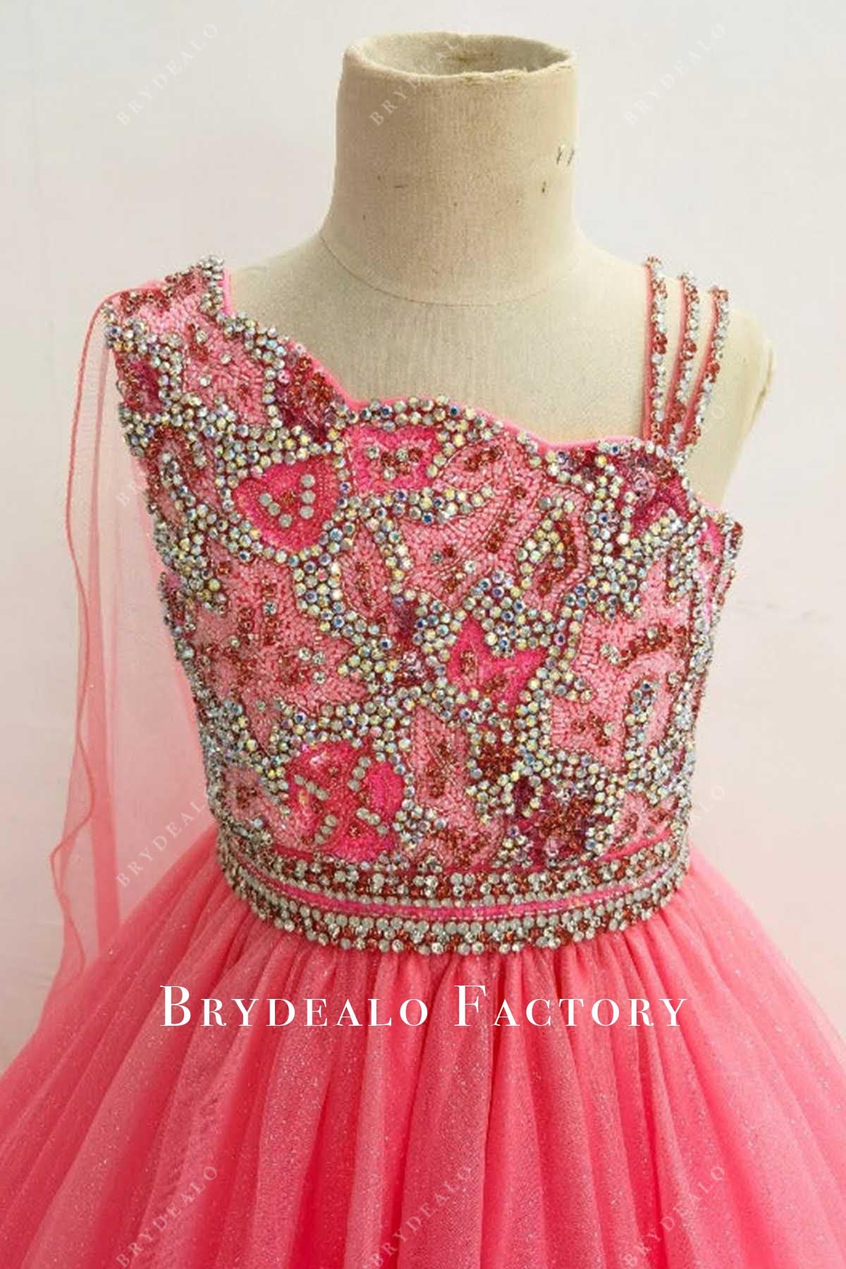 rhinestones pink asymmetric neck pageant dress