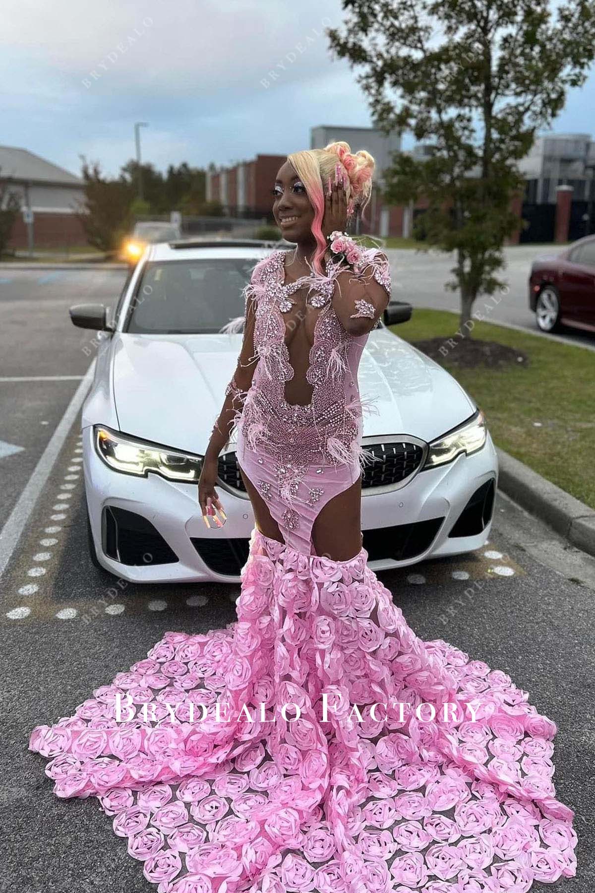Striking Pink Rhinestone Feather 3D Roses Mermaid Prom Dress Striking Pink Rhinestone Feather 3D Roses Mermaid Prom Dress