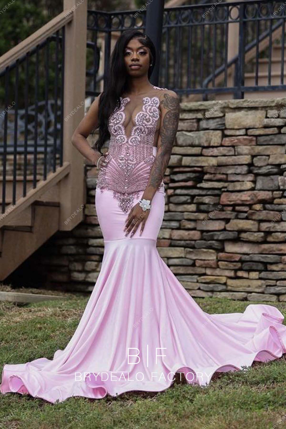 Rhinestones Pink Sleeveless Plunging Stretchy Mermaid Prom Dress