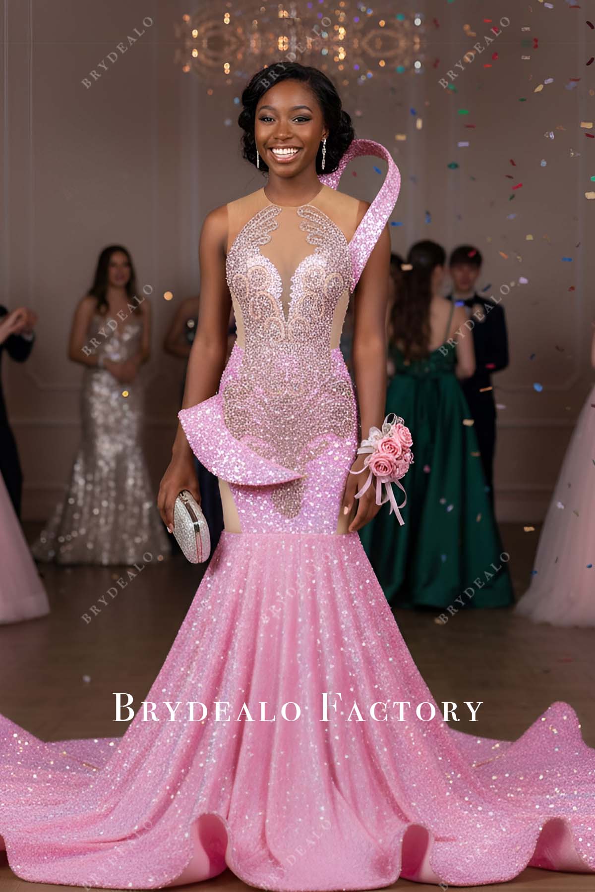 Dazzled Rhinestones Pink Horsehair Trumpet Sequin Dress