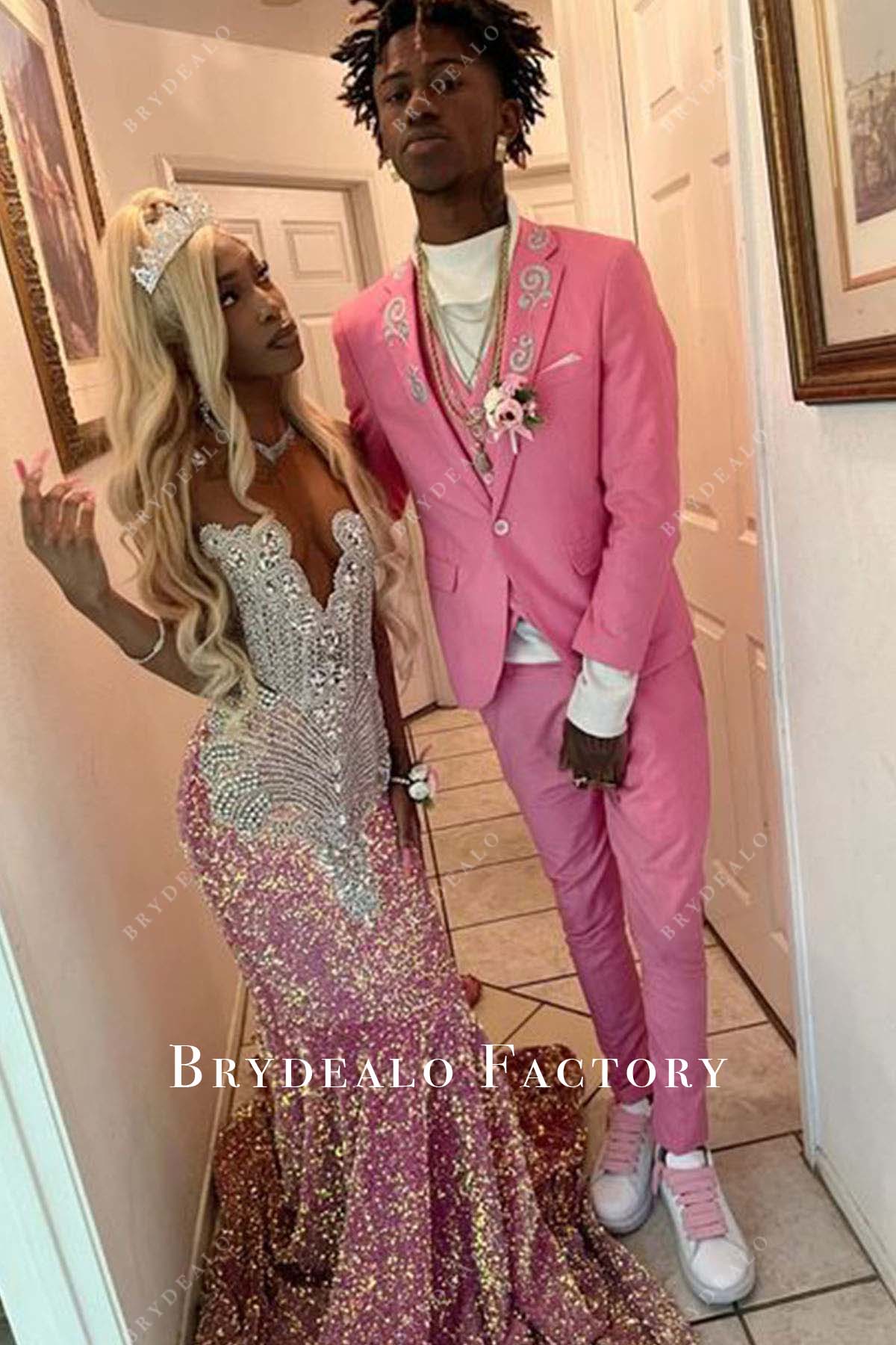 green emerald velvet dress Pink Sequin Strapless Rhinestones Mermaid Prom Dress