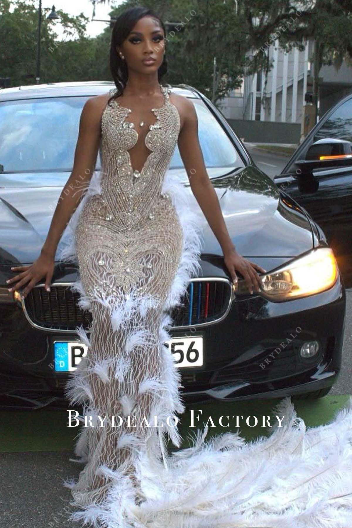 rhinestones plunging neck white feathered prom dress