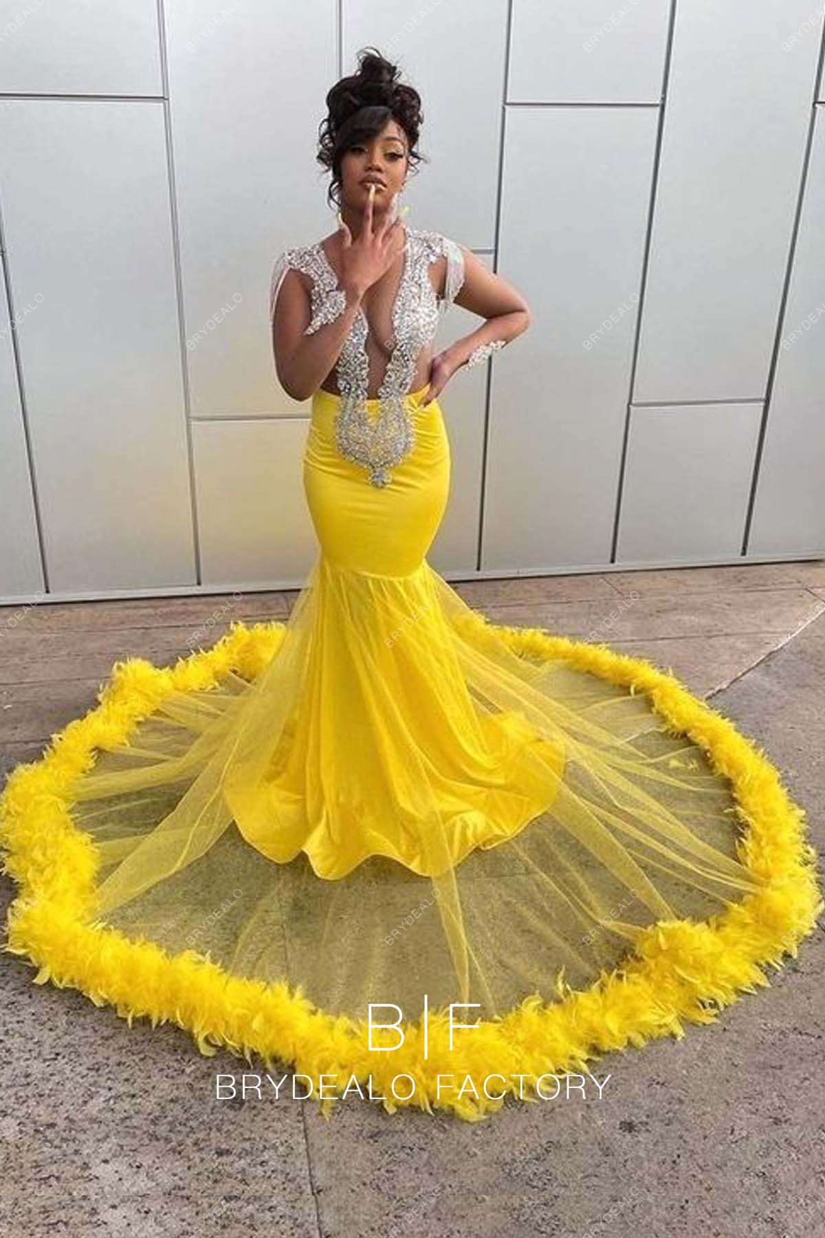 Yellow Feathers Long Train Trumpet Rhinestones Plunging Formal Dress Yellow Feathers Long Train Trumpet Rhinestones Plunging Formal Dress