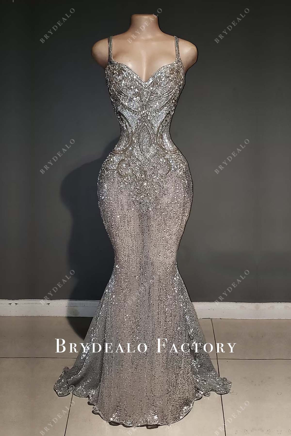 Silver Rhinestone Spaghetti Strap Mermaid Long Dress