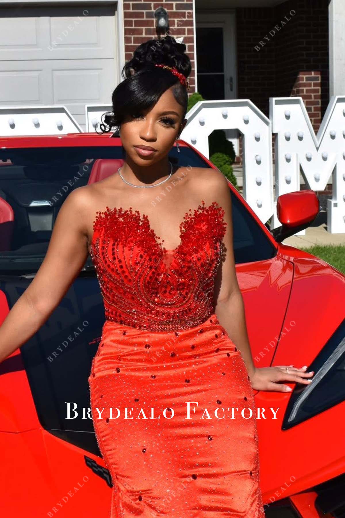 rhinestones red mermaid strapless prom dress