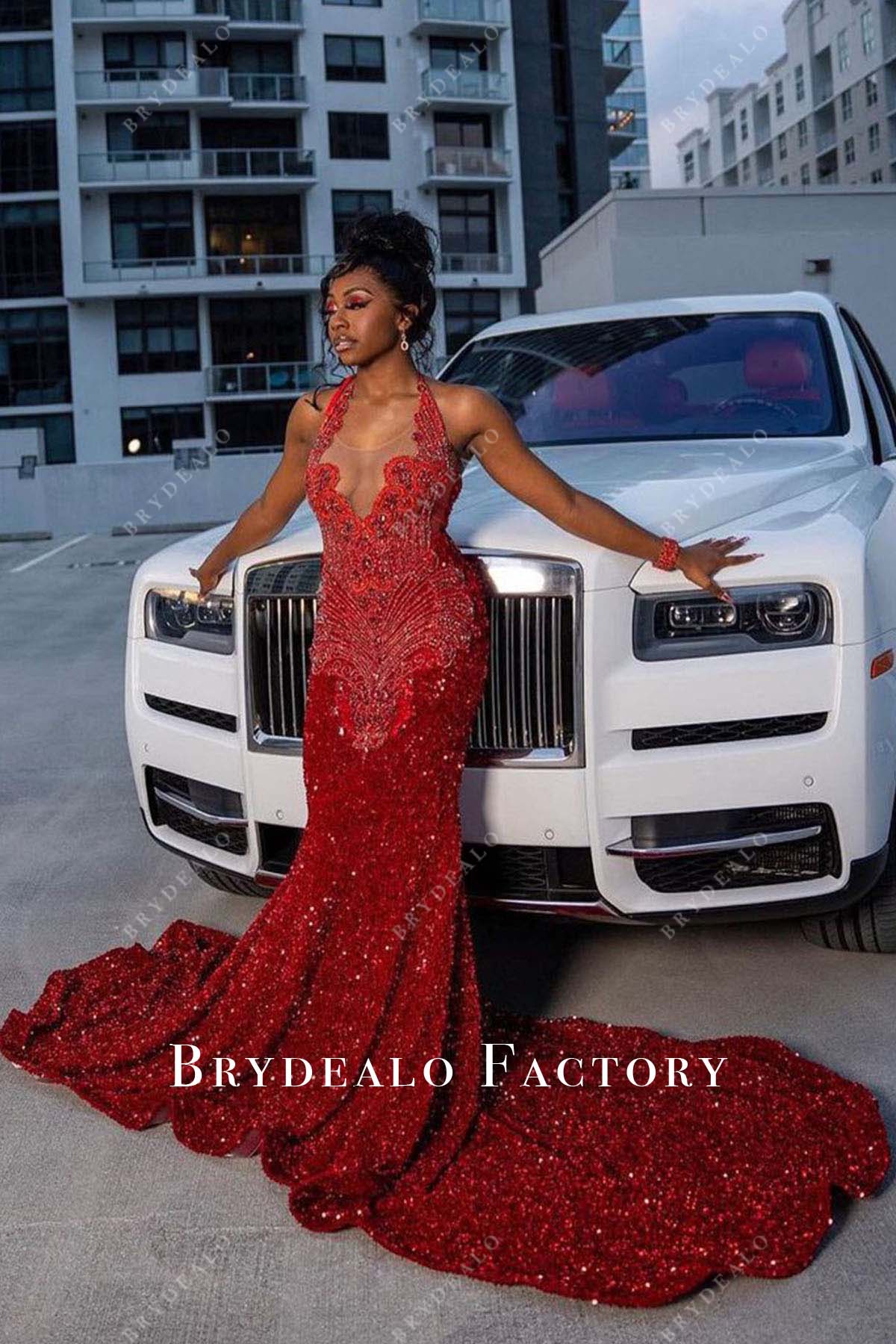 rhinestones red sequined halter prom dress