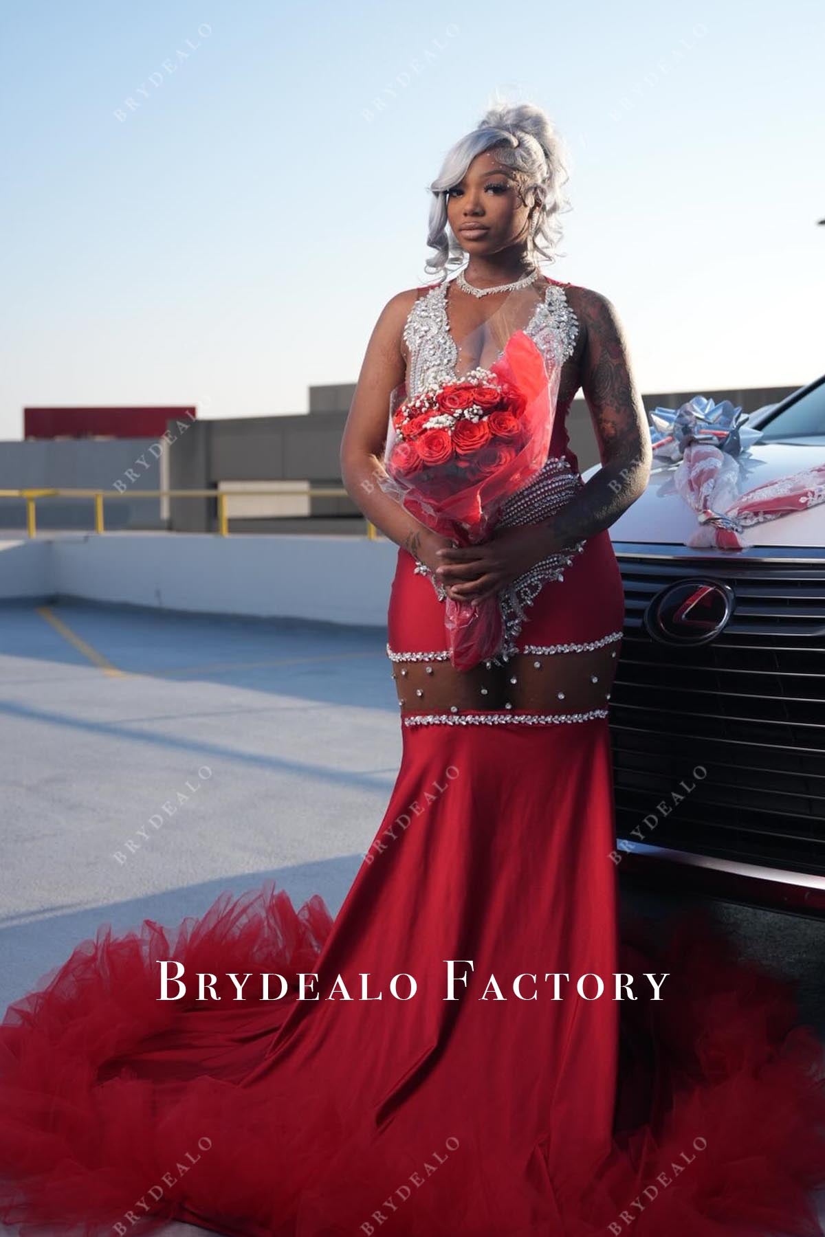 rhinestones red trumpet prom dress