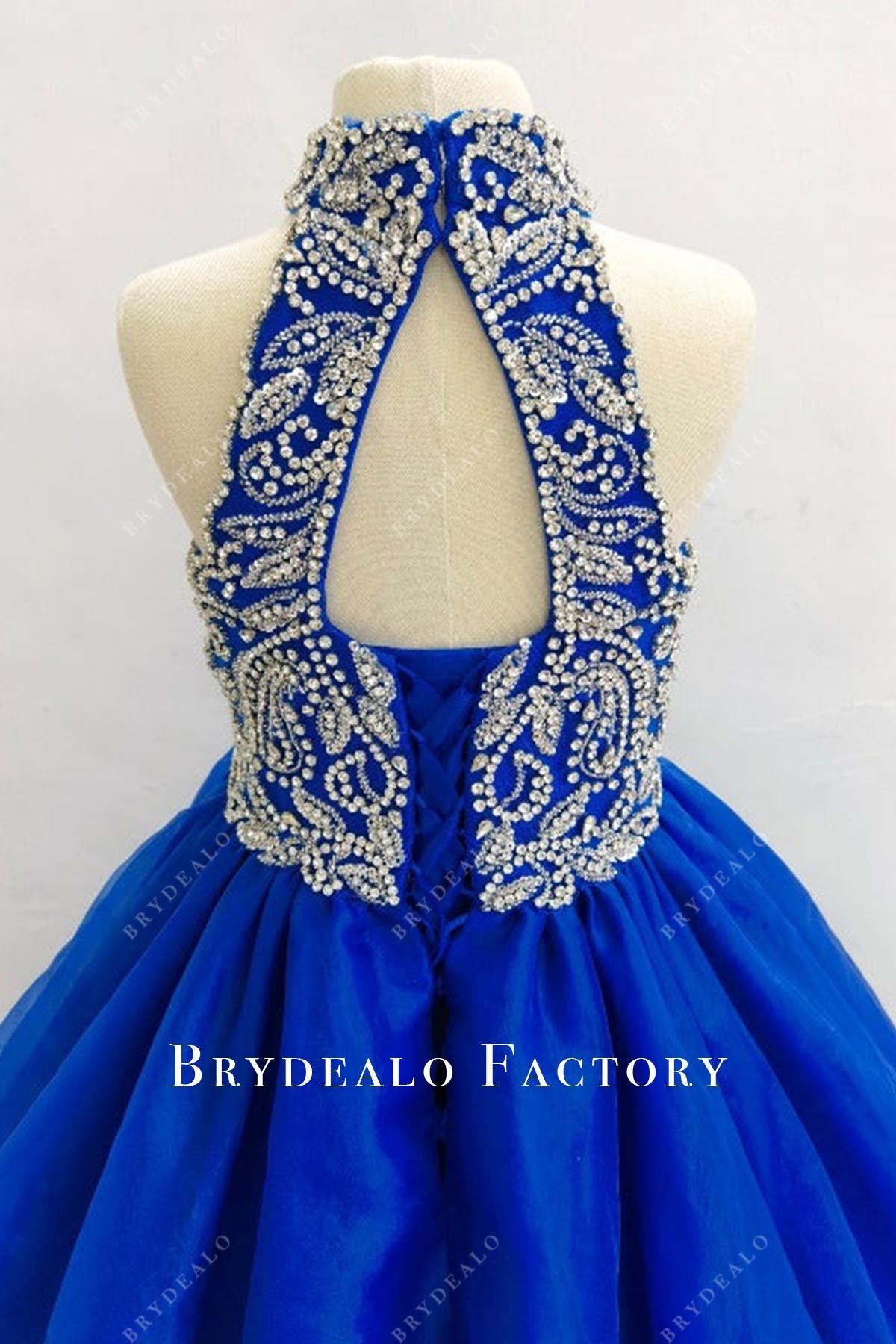 rhinestones royal blue keyhole back pageant dress