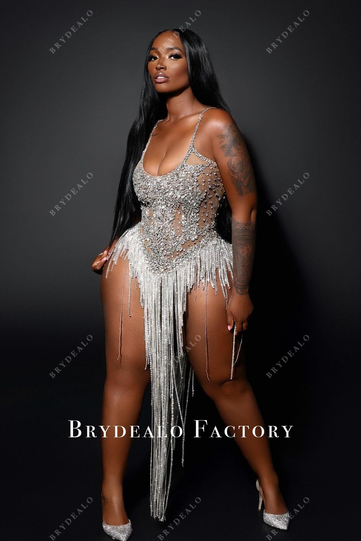 rhinestones scoop neck tassels prom dress