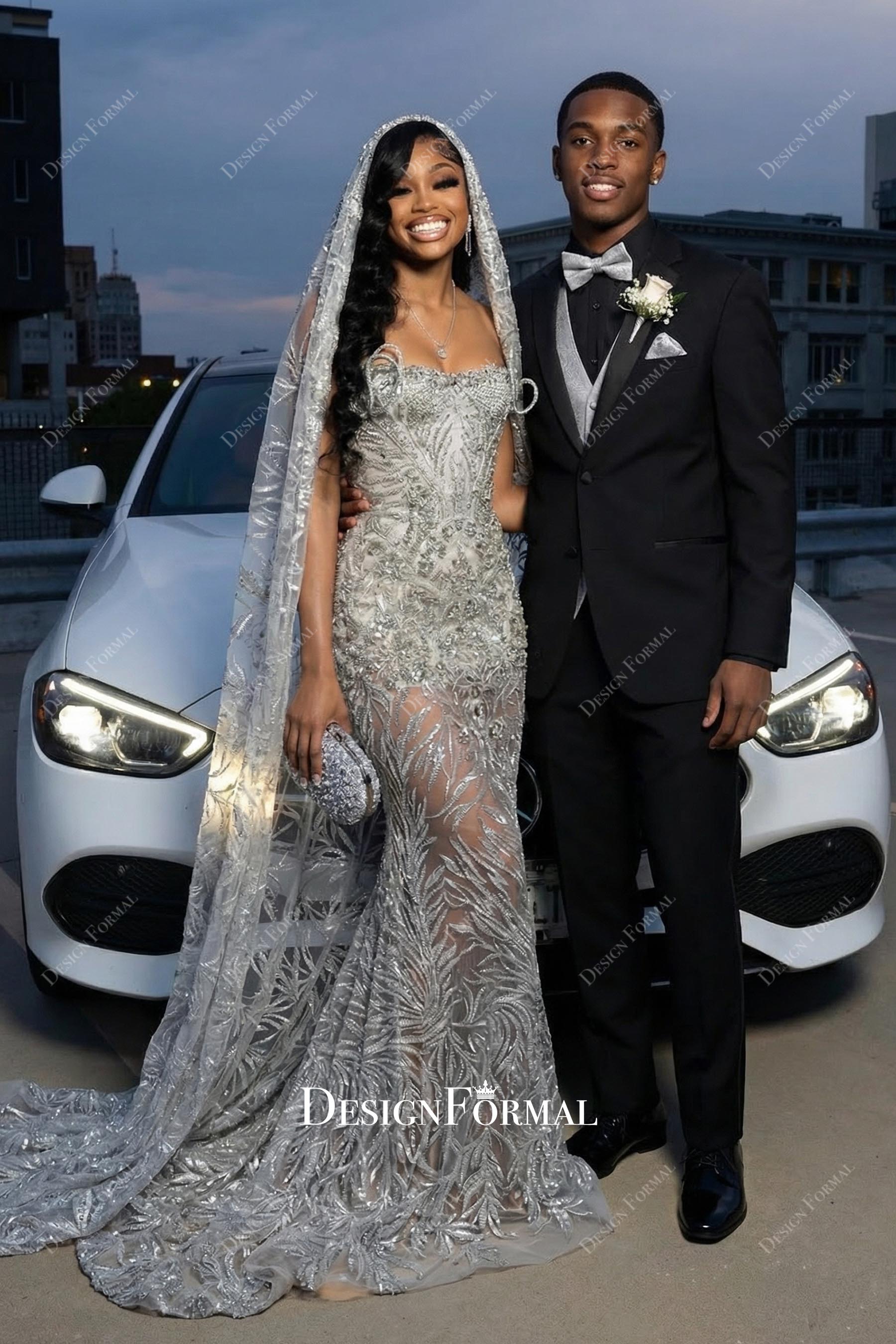 Prom Dress | Silver Shimmer Strapless Sheer Mermaid Formal Gown Prom Dress | Silver Shimmer Strapless Sheer Mermaid Formal Gown