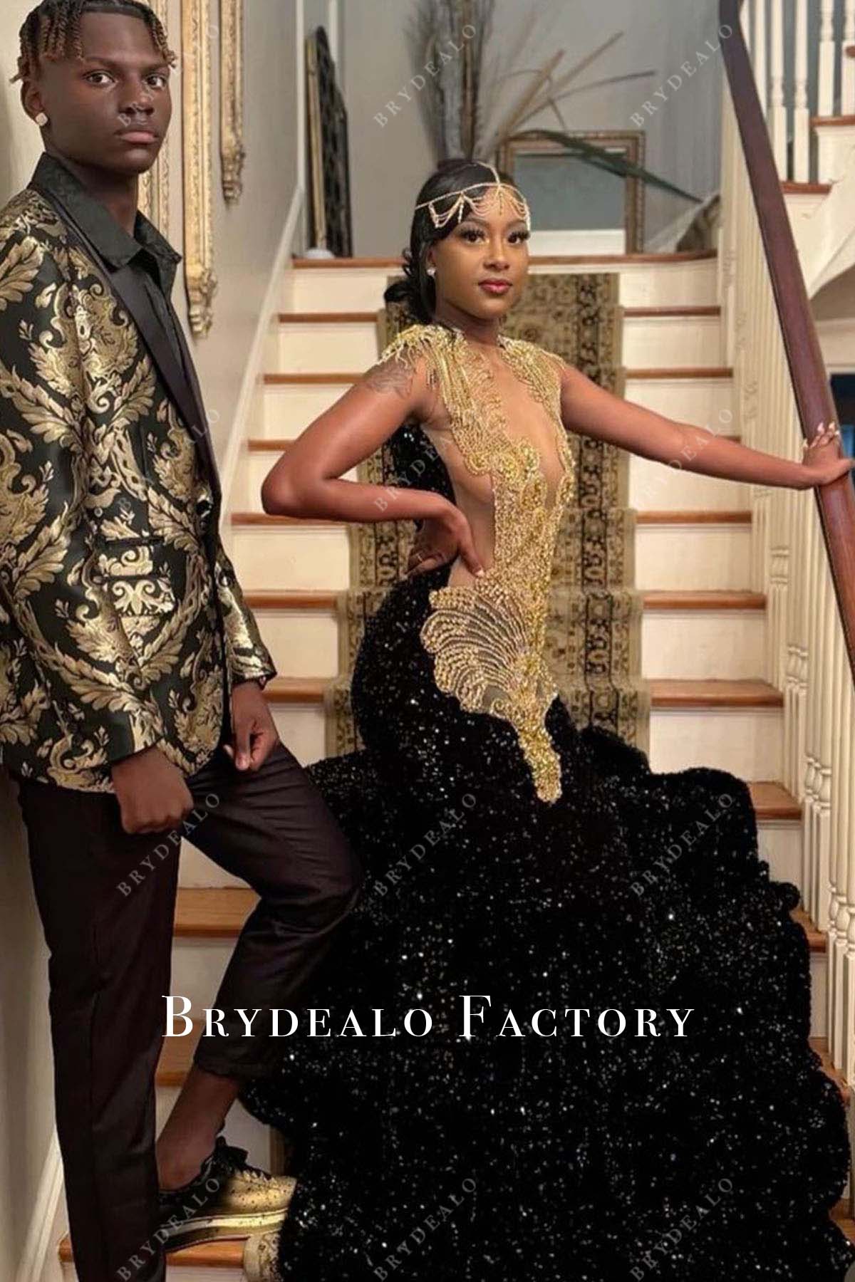 Gold Rhinestones Black Sequined Trumpet Prom Dress Gold Rhinestones Black Sequined Trumpet Prom Dress