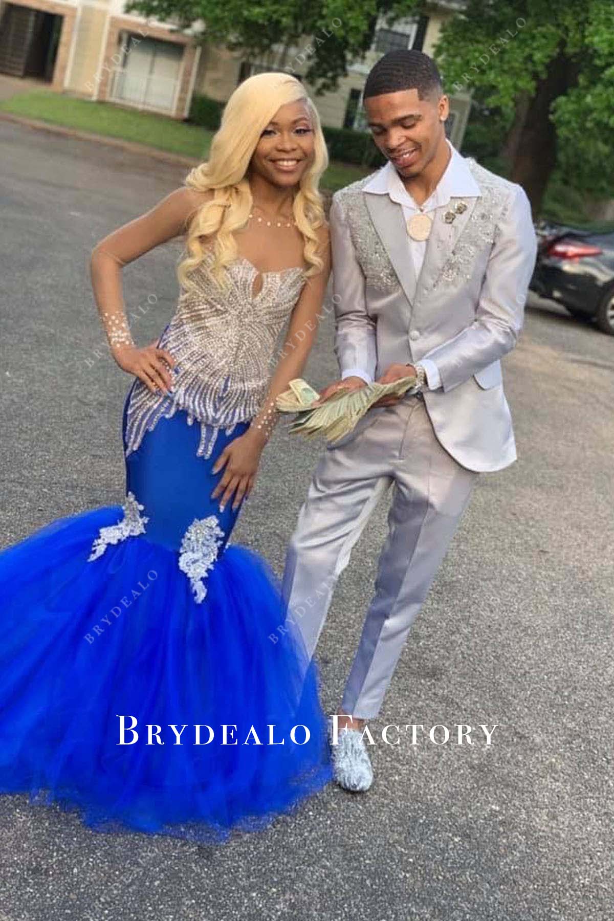 Rhinestones Sheer Sleeves Royal Blue Trumpet Floor Length Prom Dress