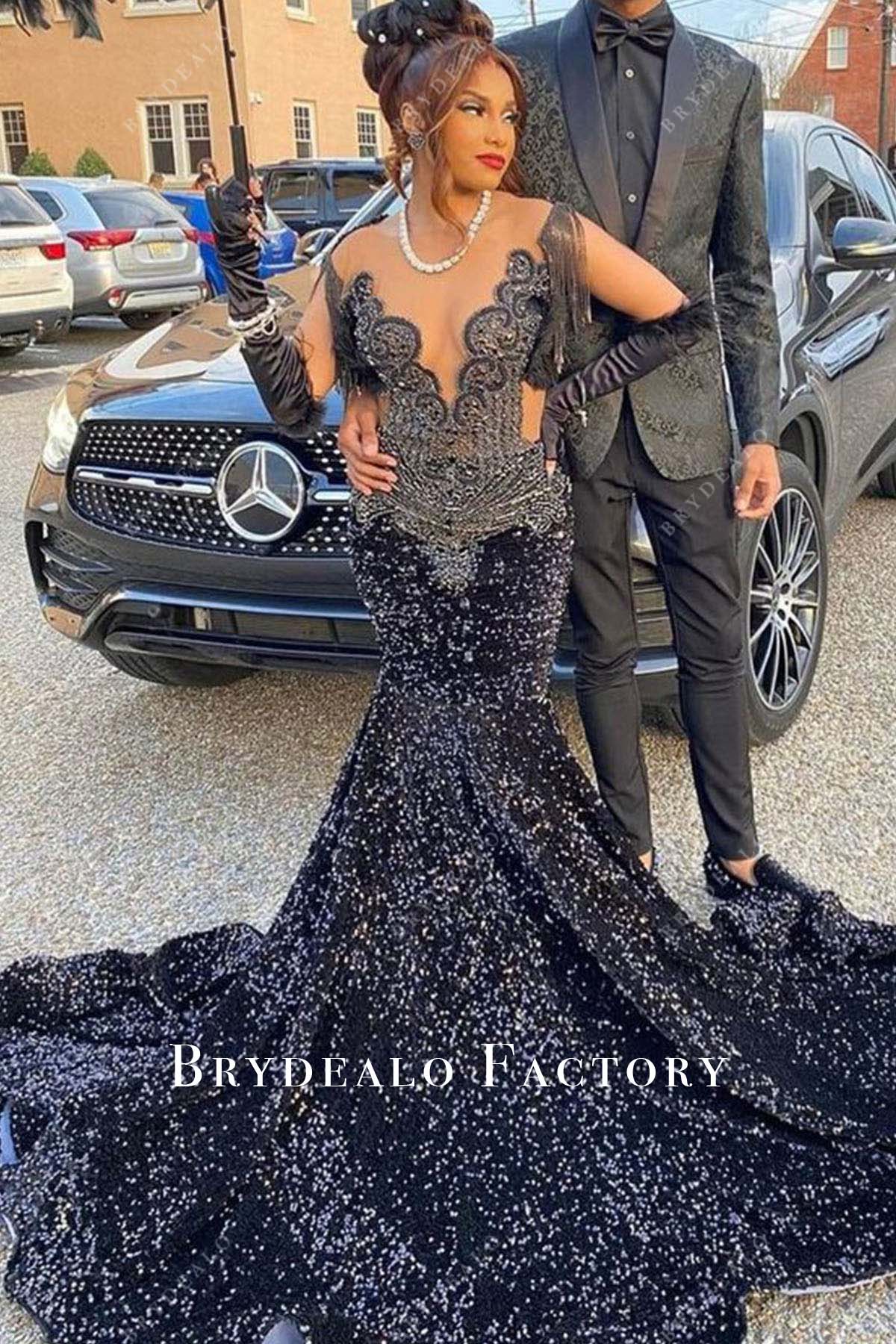Black Rhinestone Sequin Sleeveless Trumpet Long Train Prom Dress Black Rhinestone Sequin Sleeveless Trumpet Long Train Prom Dress