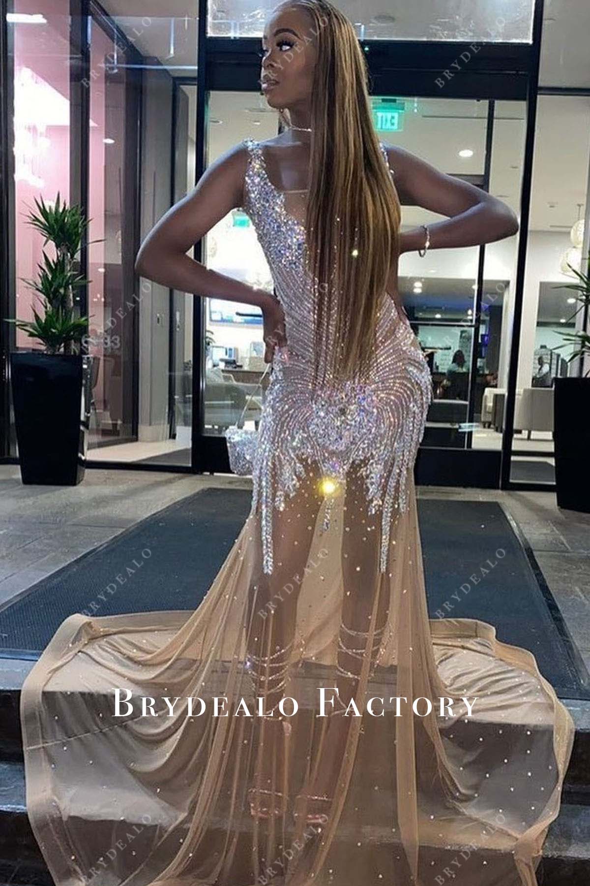 Silver Rhinestones Sheer Fit and Flare Skirt Prom Dress