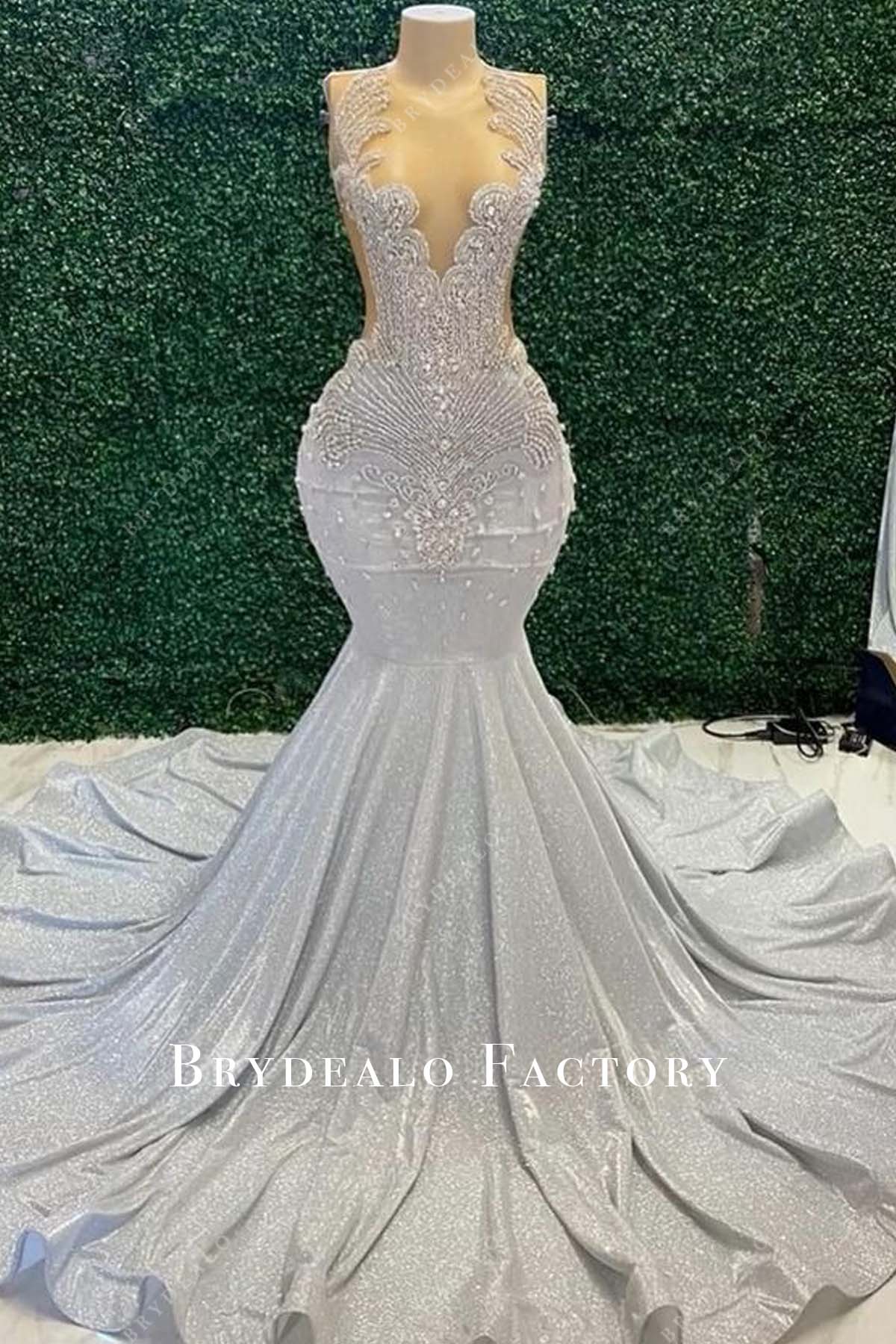 Luxury Rhinestones Plunging Silver Glitter Mermaid Prom Dress Luxury Rhinestones Plunging Silver Glitter Mermaid Prom Dress