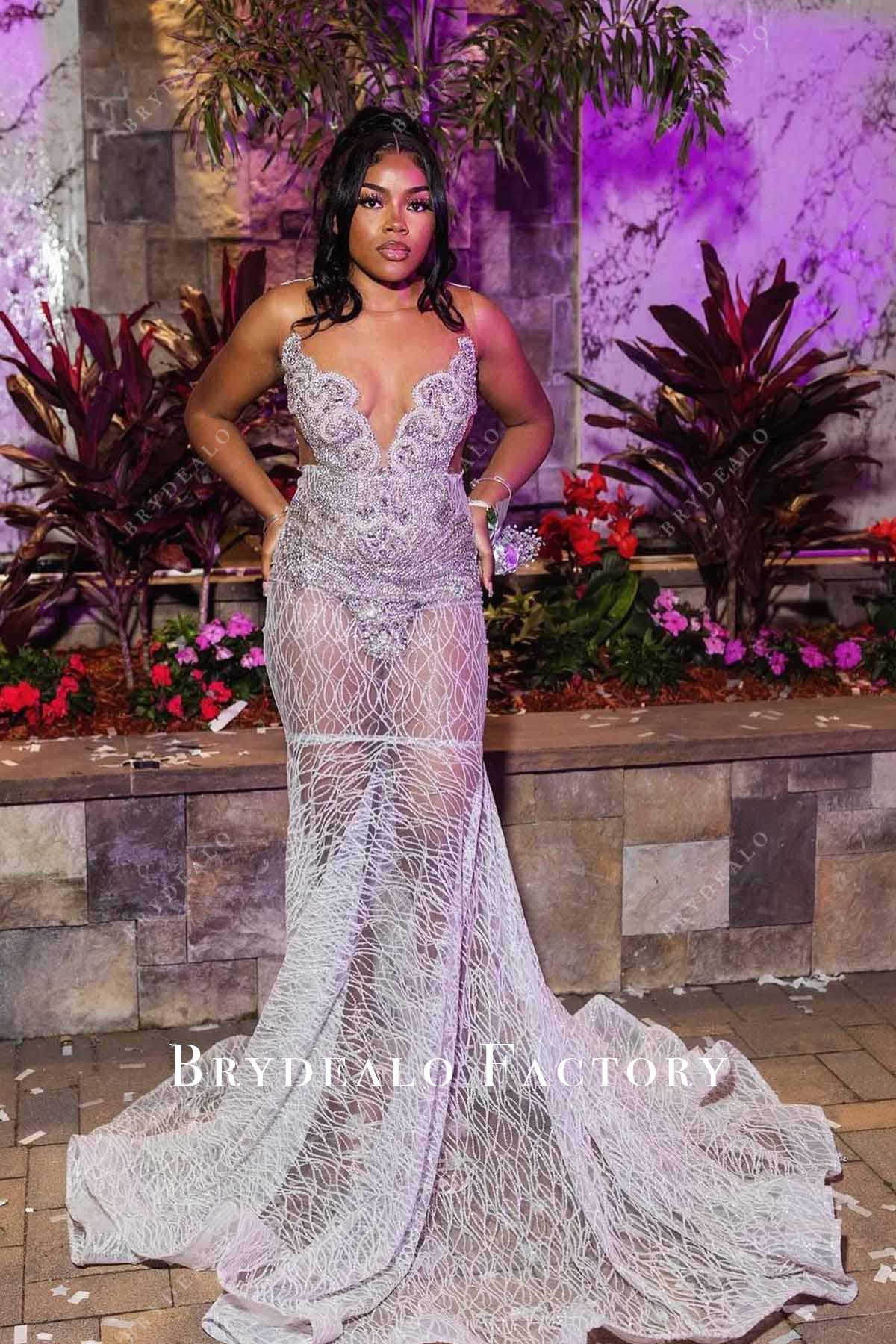 Prom Dress | Rhinestones Silver Illusion Neck Trumpet Formal Gown Prom Dress | Rhinestones Silver Illusion Neck Trumpet Formal Gown