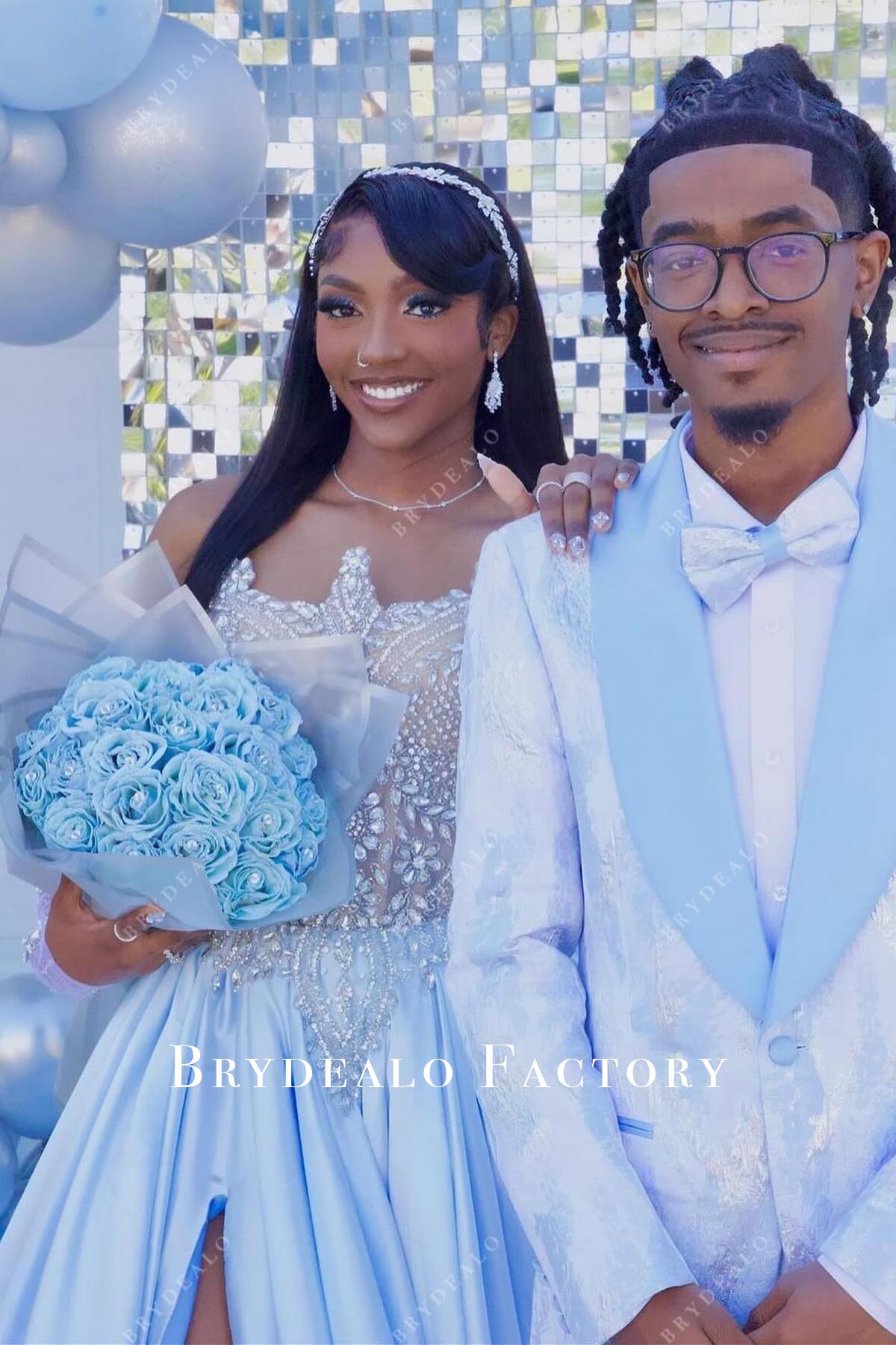 rhinestones sky blue detailed neckline prom dress