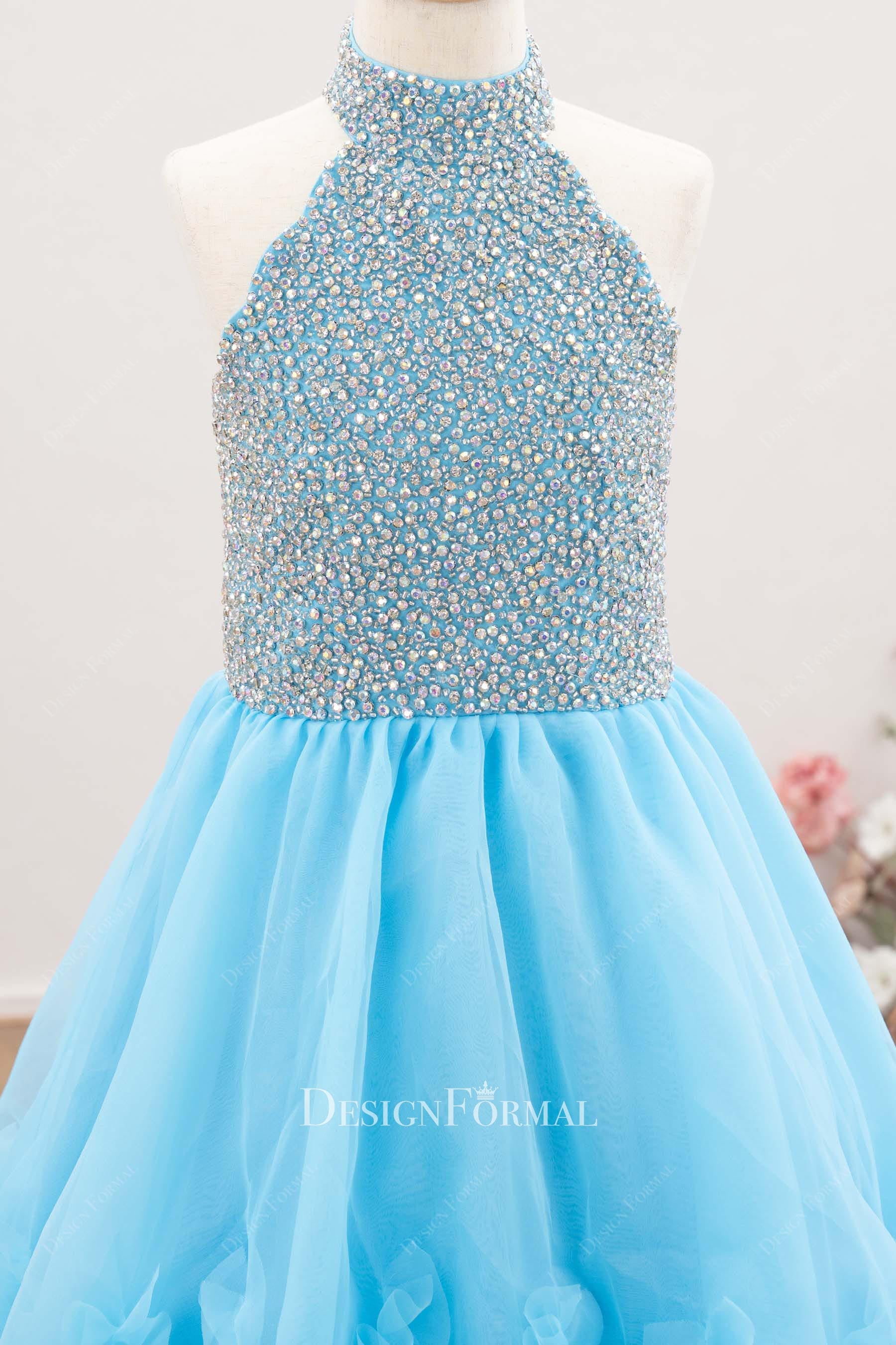 rhinestones sky blue organza kids pageant dress