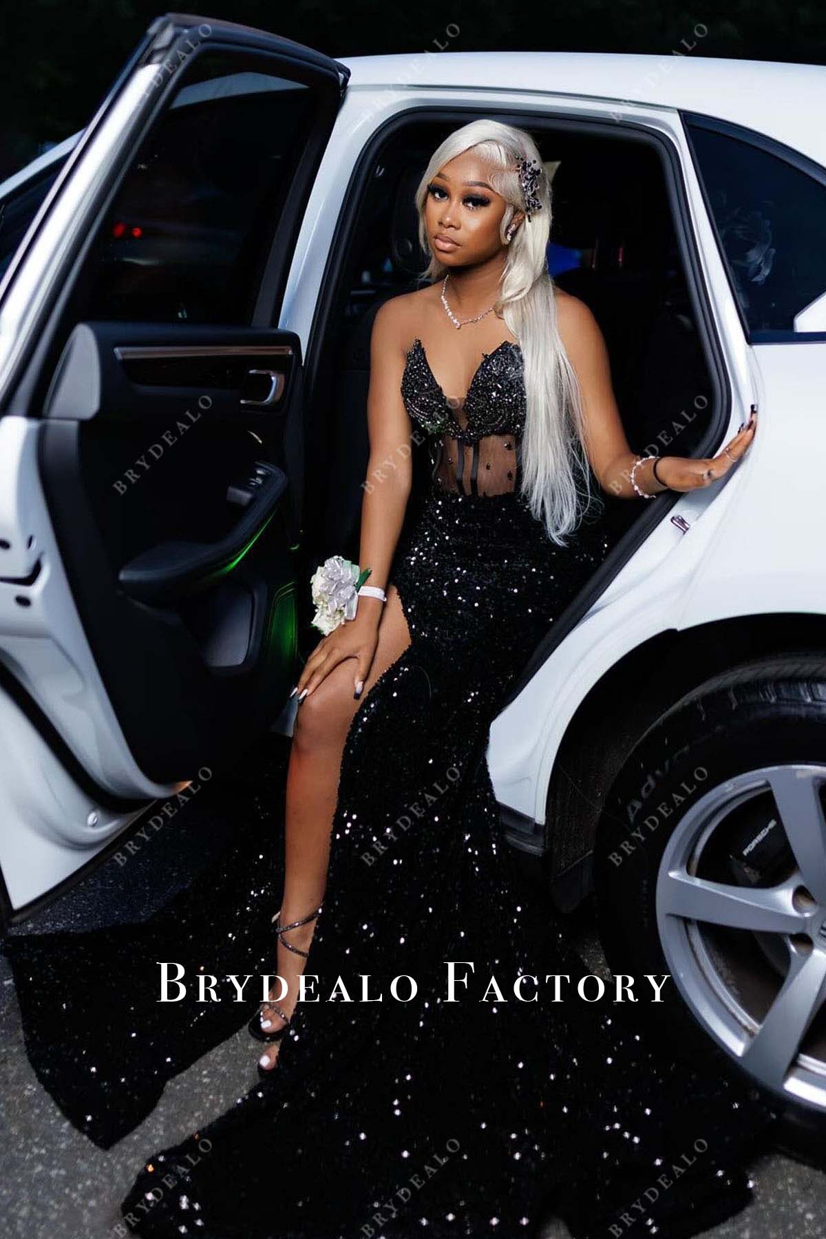 Black Rhinestones Strapless Corset Slit Long Train Prom Dress Black Rhinestones Strapless Corset Slit Long Train Prom Dress