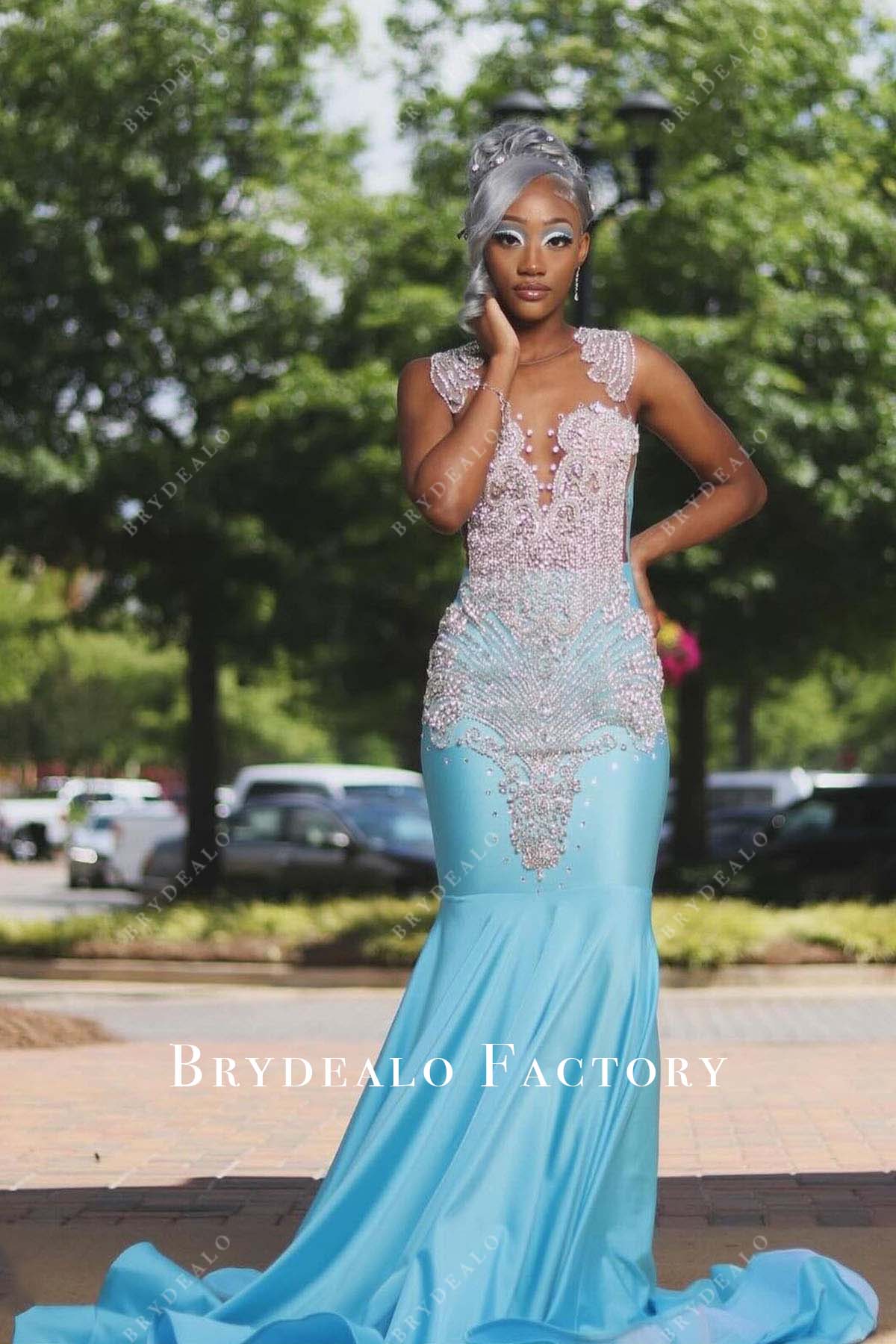 rhinestones sleeveless long train prom dress