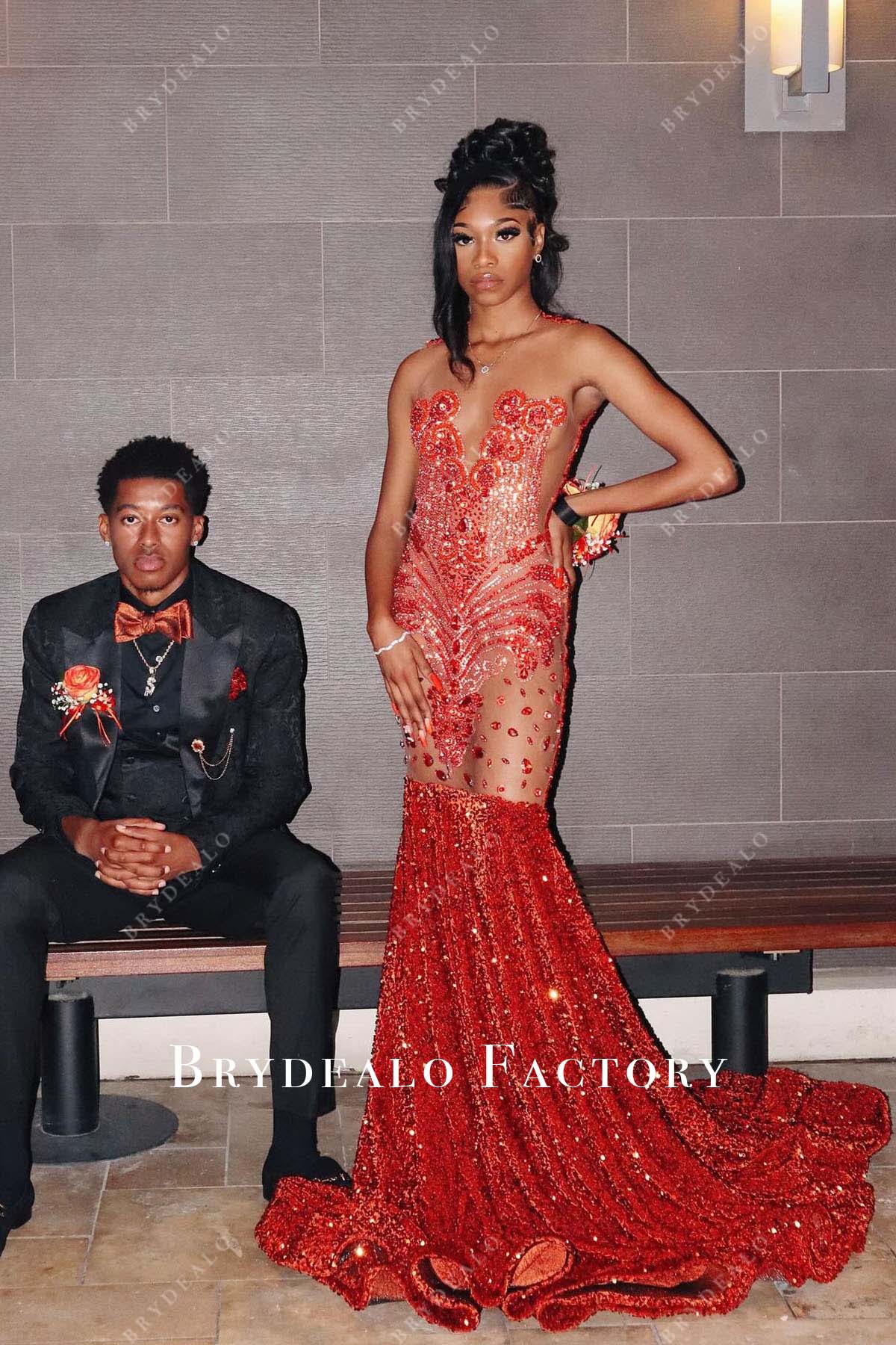 Red Rhinestones Sheer Bodice Trumpet Prom Dress Red Rhinestones Sheer Bodice Trumpet Prom Dress