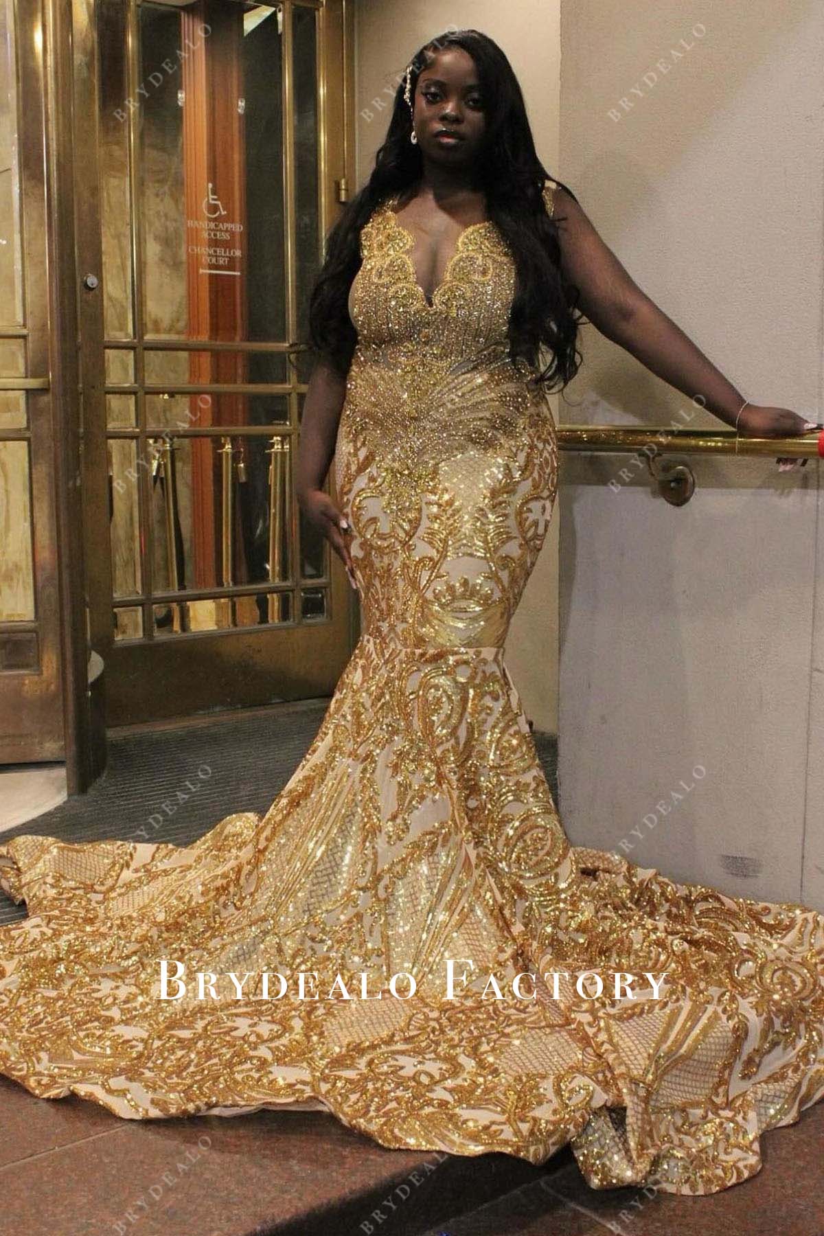 Prom Dress | Plus Size Gold Sequined Sleeveless Trumpet Formal Gown Prom Dress | Plus Size Gold Sequined Sleeveless Trumpet Formal Gown