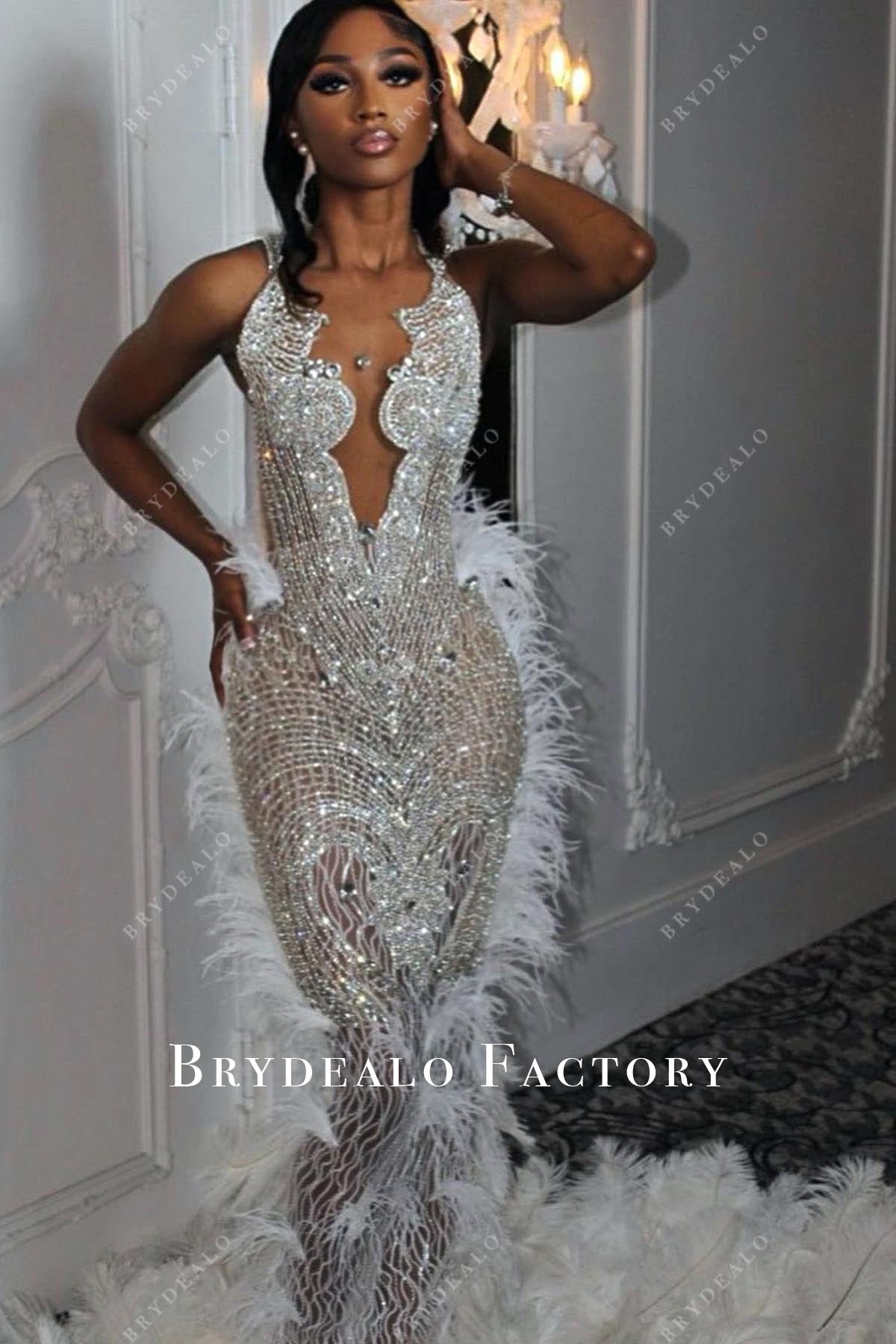 rhinestones sleeveless white feathered prom dress
