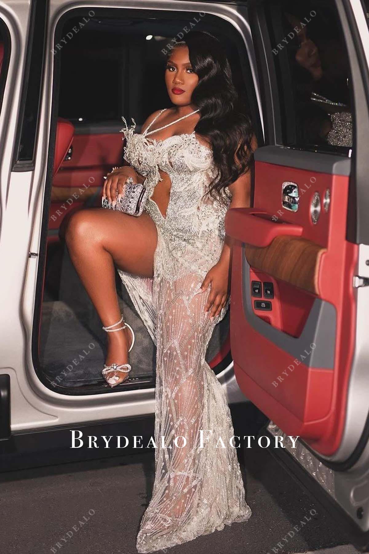 rhinestones slit sheer long prom dress